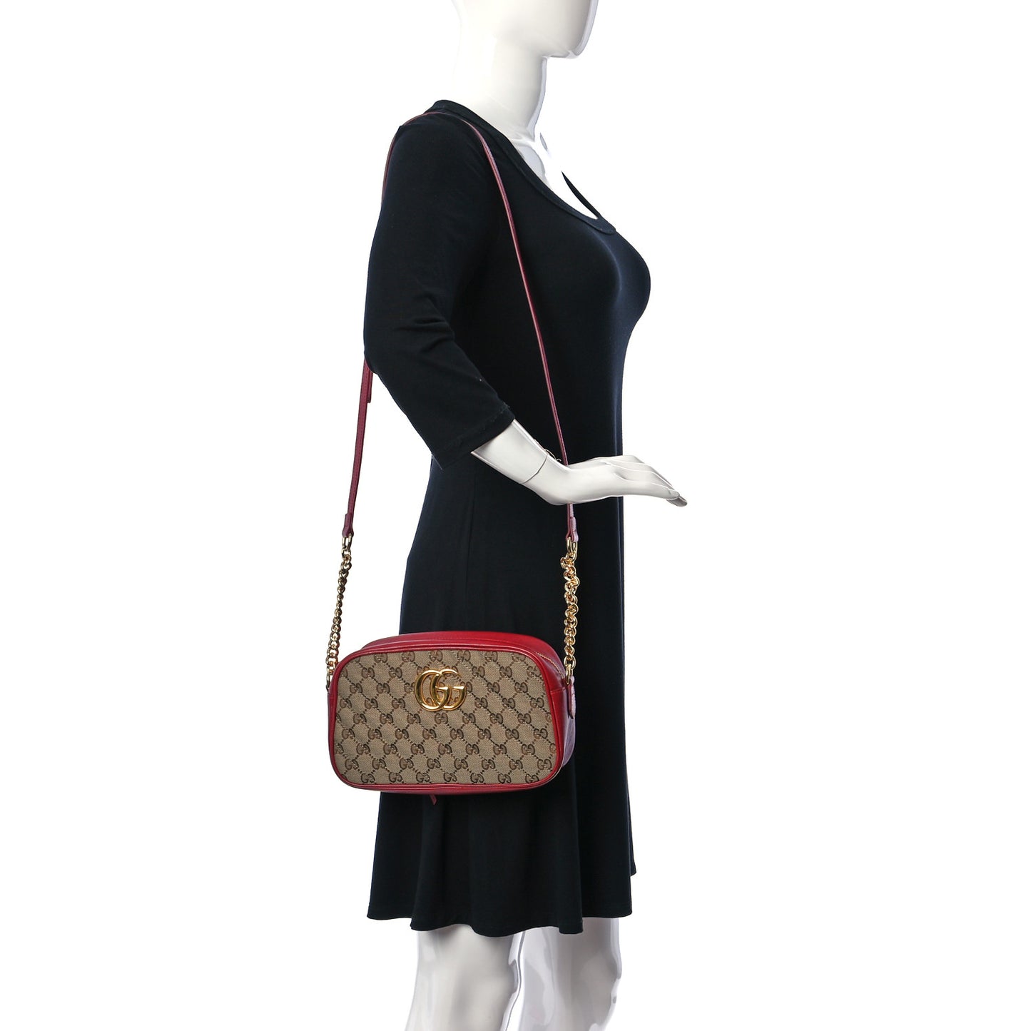 Monogram Azalea Calfskin Matelasse Diagonal Small GG Marmont Chain Shoulder Bag Beige Ebony New Cherry Red