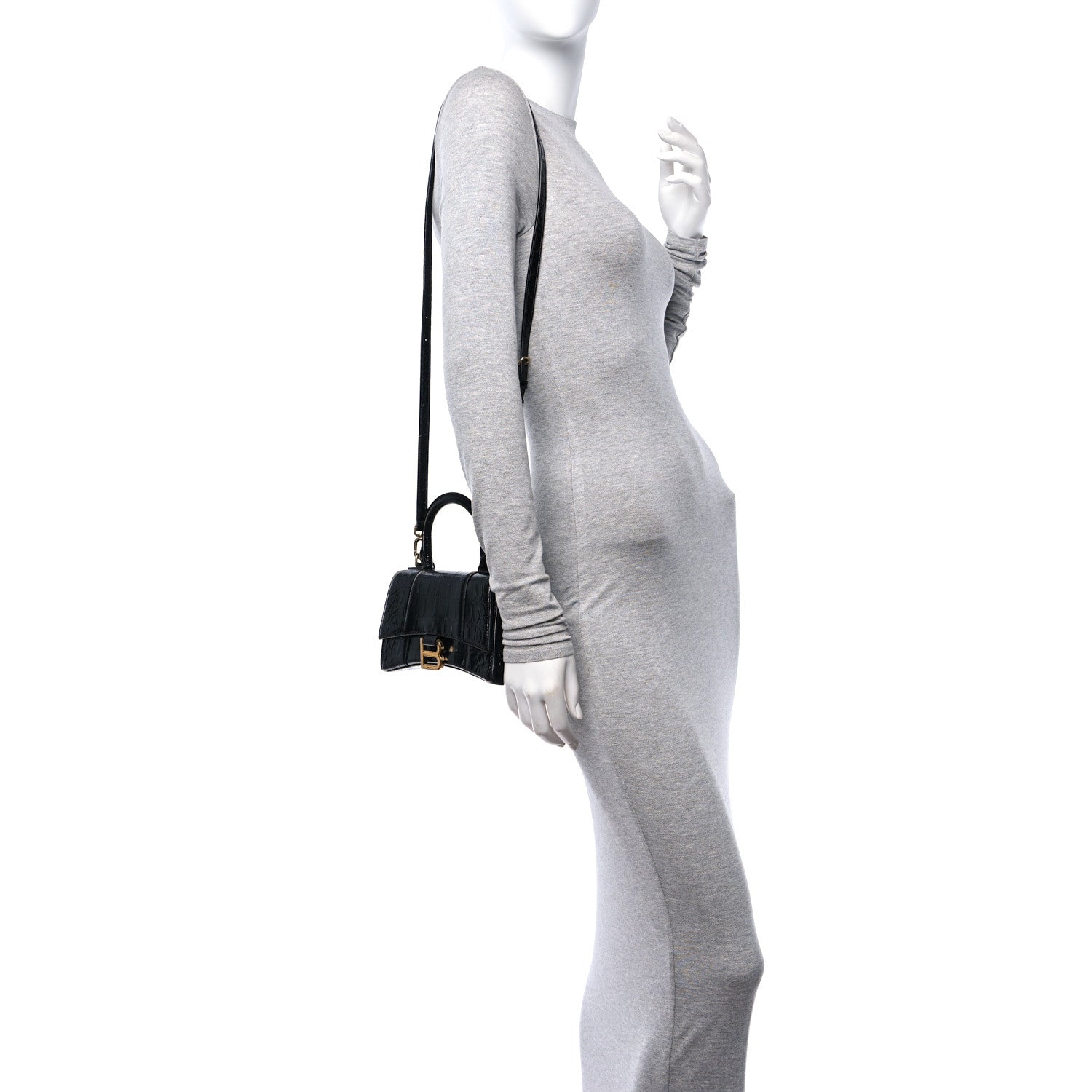 Balenciaga Shiny Calfskin Crocodile Embossed Hourglass Top Handle Bag XS Black 2 of 9