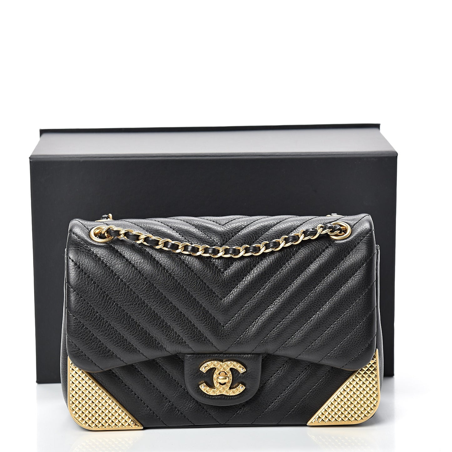 Calfskin Chevron Quilted Mini Rock The Corner Flap Black
