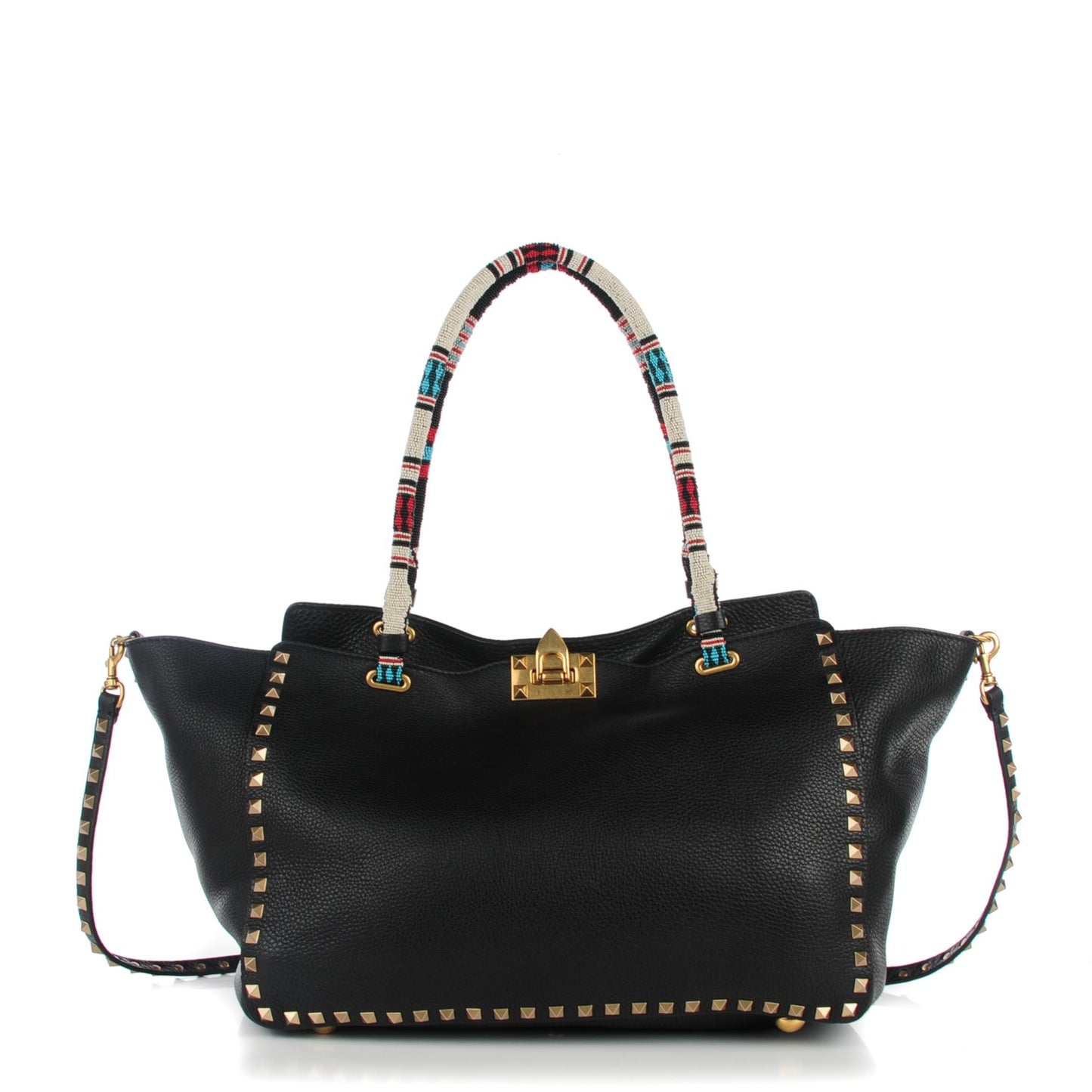 Pebbled Calfskin Beaded Medium Rockstud Tote Black