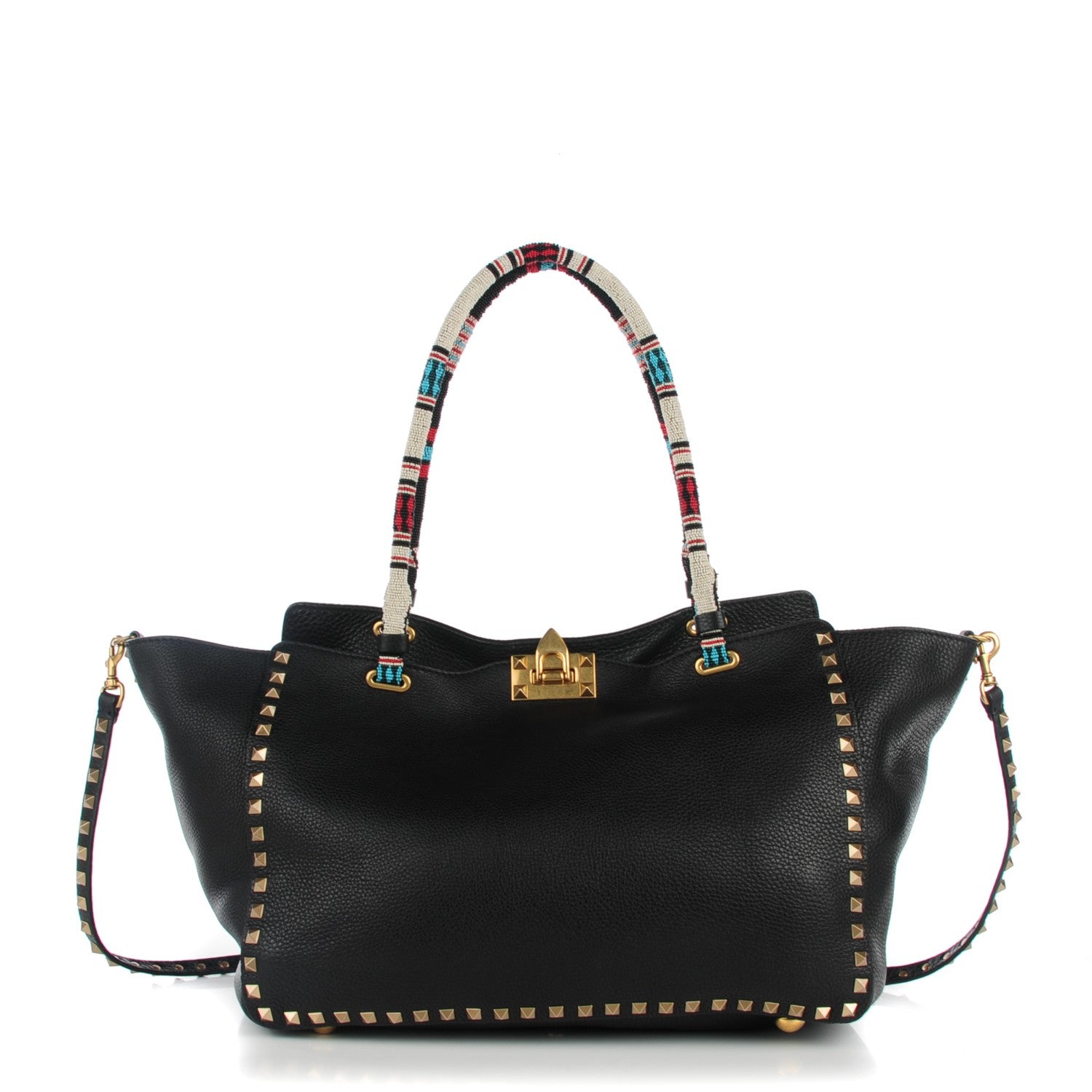 Valentino Garavani Pebbled Calfskin Beaded Medium Rockstud Tote Black 1 of 8
