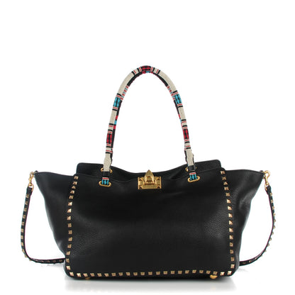 Valentino Garavani Pebbled Calfskin Beaded Medium Rockstud Tote Black 1 of 8