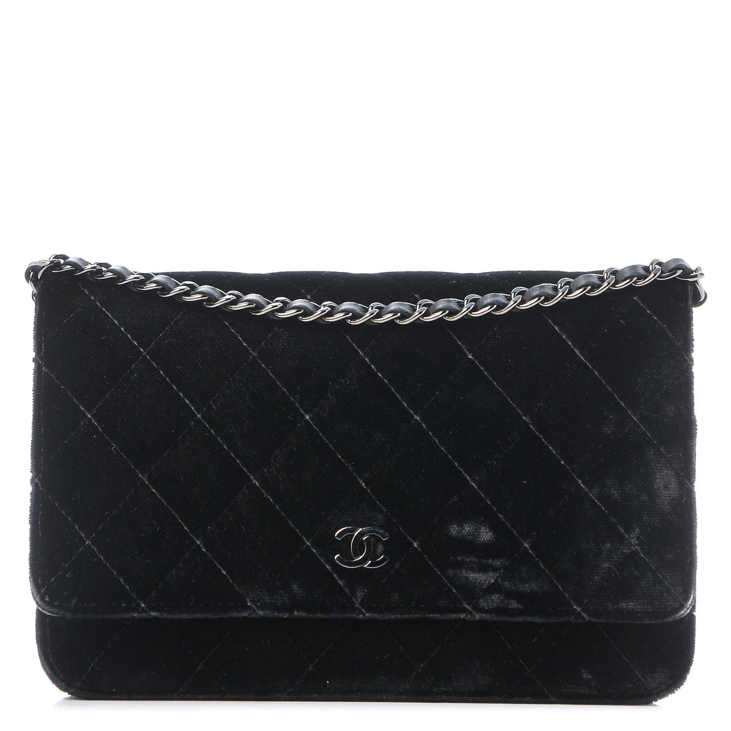 Chanel Velvet Quilted Wallet On Chain WOC Black 1 of 12