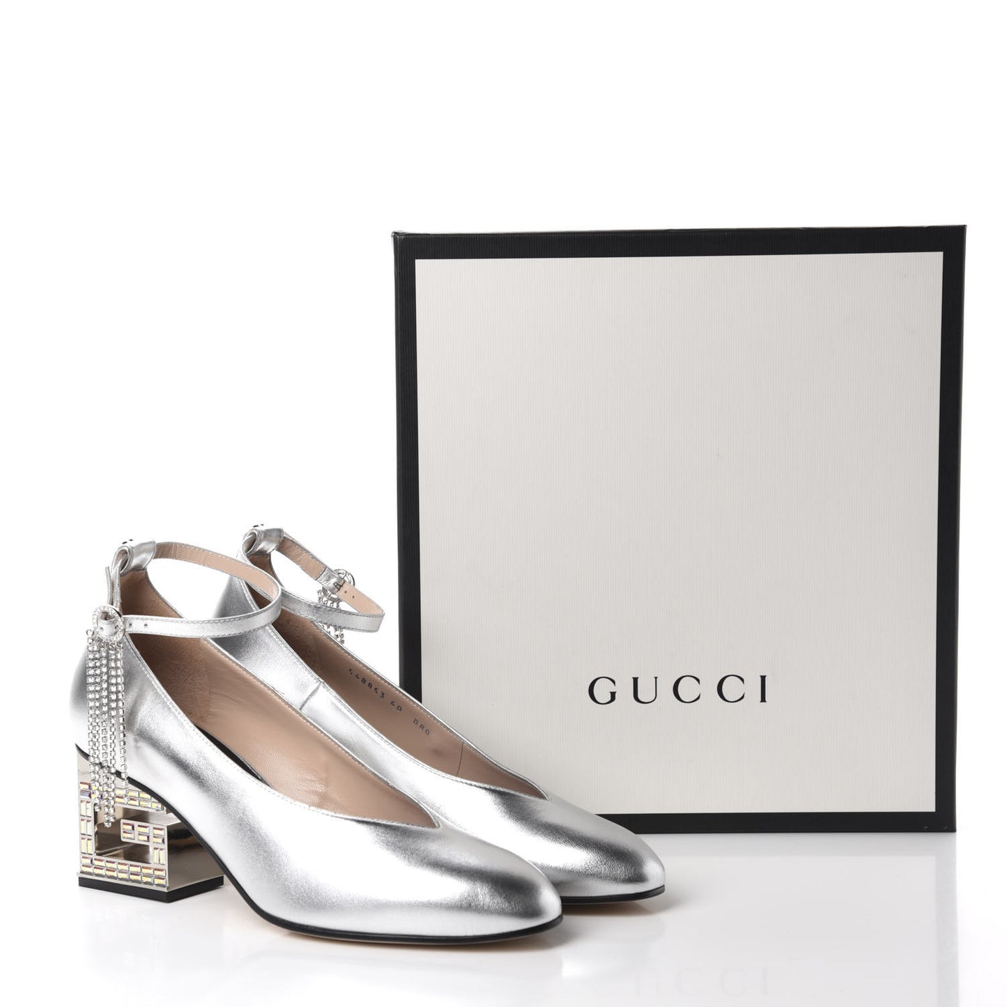 Metallic Nappa Crystal Square G Mid Heel Pumps 40 Silver