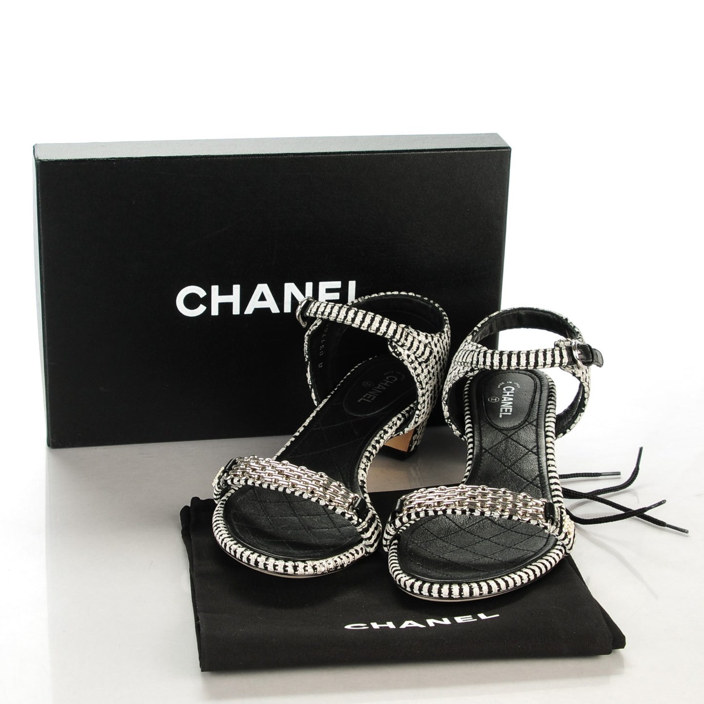 Tweed Chain Sandals 38.5 Black White