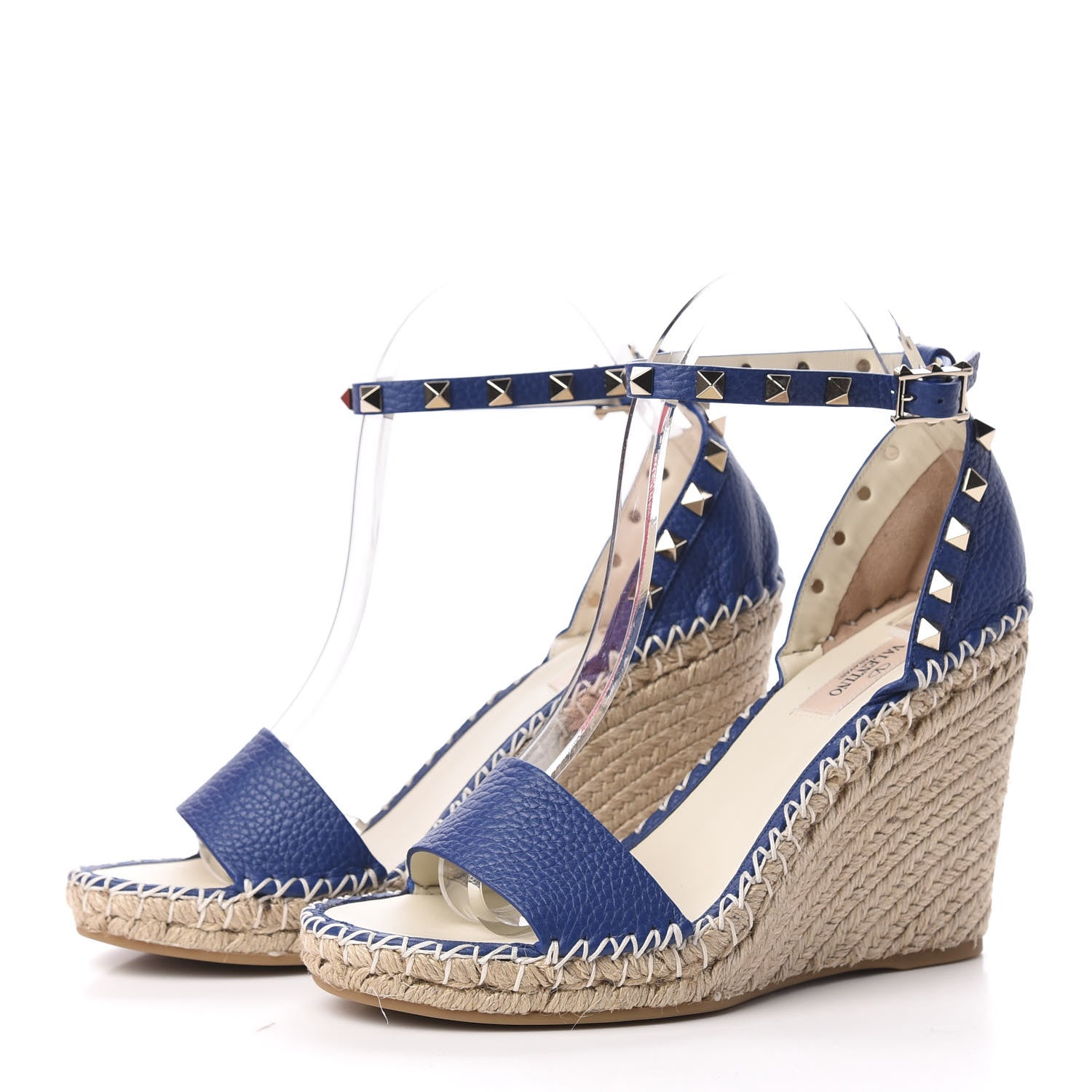 Valentino Garavani Grained Calfskin Rockstud Ankle Strap Espadrille 15/105mm Wedge Sandals 38 Blu Delft Natural 2 of 8