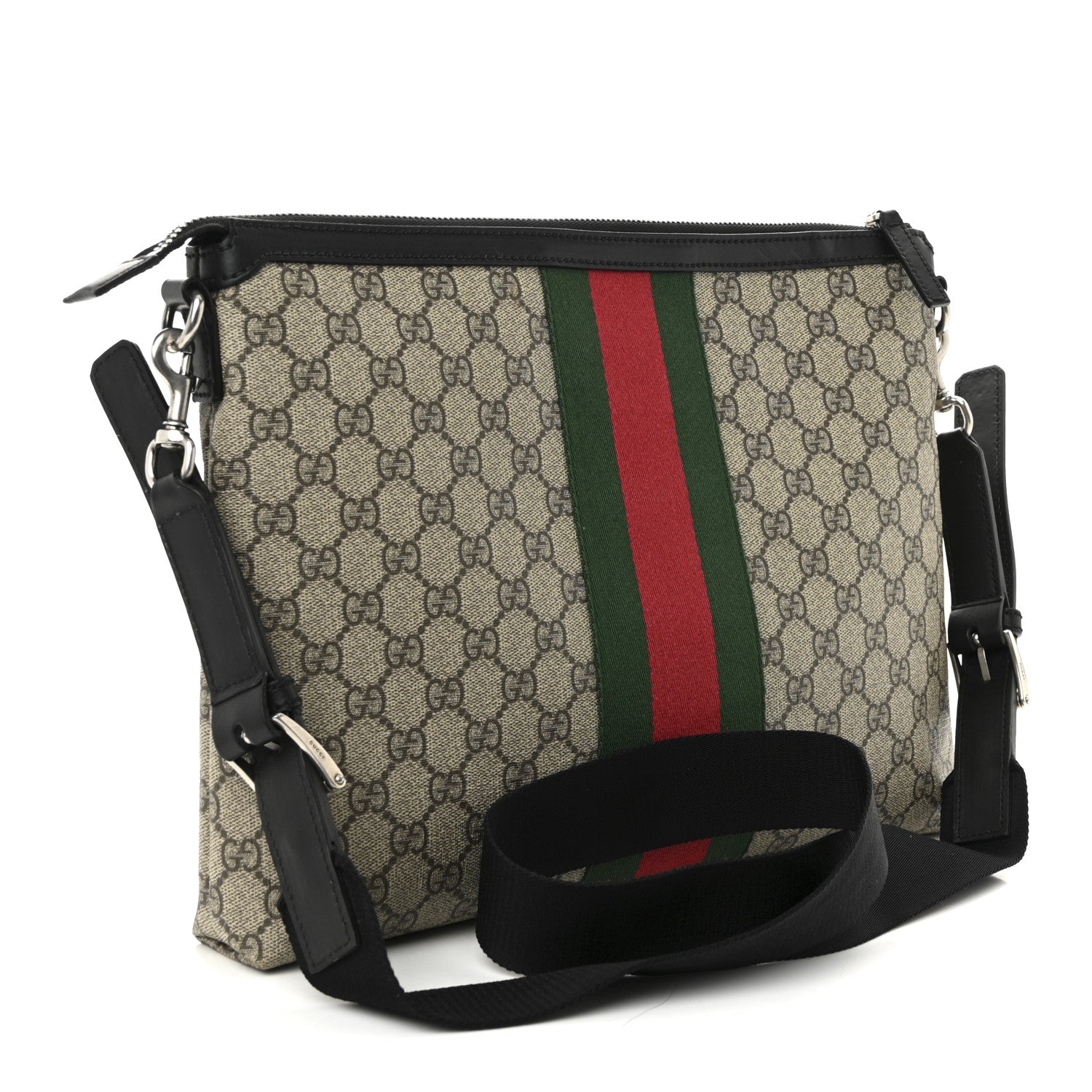 Gucci GG Supreme Monogram Calfskin Web Medium Flat Messenger Bag Beige Ebony Black 3 of 10