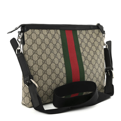 Gucci GG Supreme Monogram Calfskin Web Medium Flat Messenger Bag Beige Ebony Black 3 of 10
