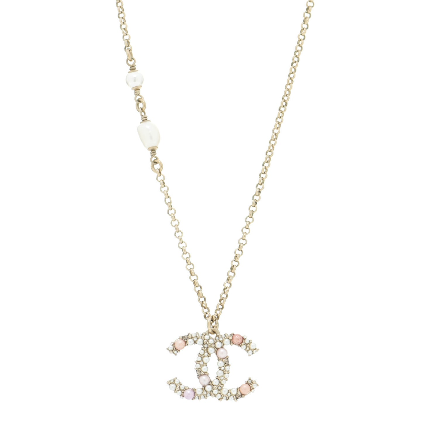 Crystal Pearl CC Pendant Necklace Gold Pink