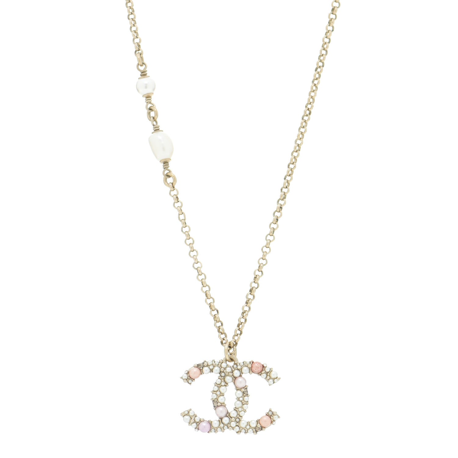 Chanel Crystal Pearl CC Pendant Necklace Gold Pink 1 of 6