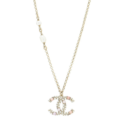 Chanel Crystal Pearl CC Pendant Necklace Gold Pink 1 of 6