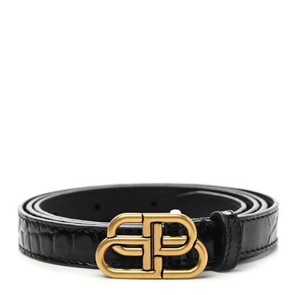 Balenciaga Shiny Calfskin Crocodile Embossed BB 15mm Thin Belt 80 32 Black 1 of 7