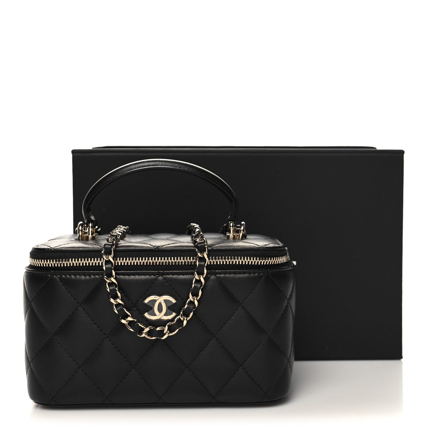 Lambskin Quilted Small Top Handle Vanity Case With Chain Black