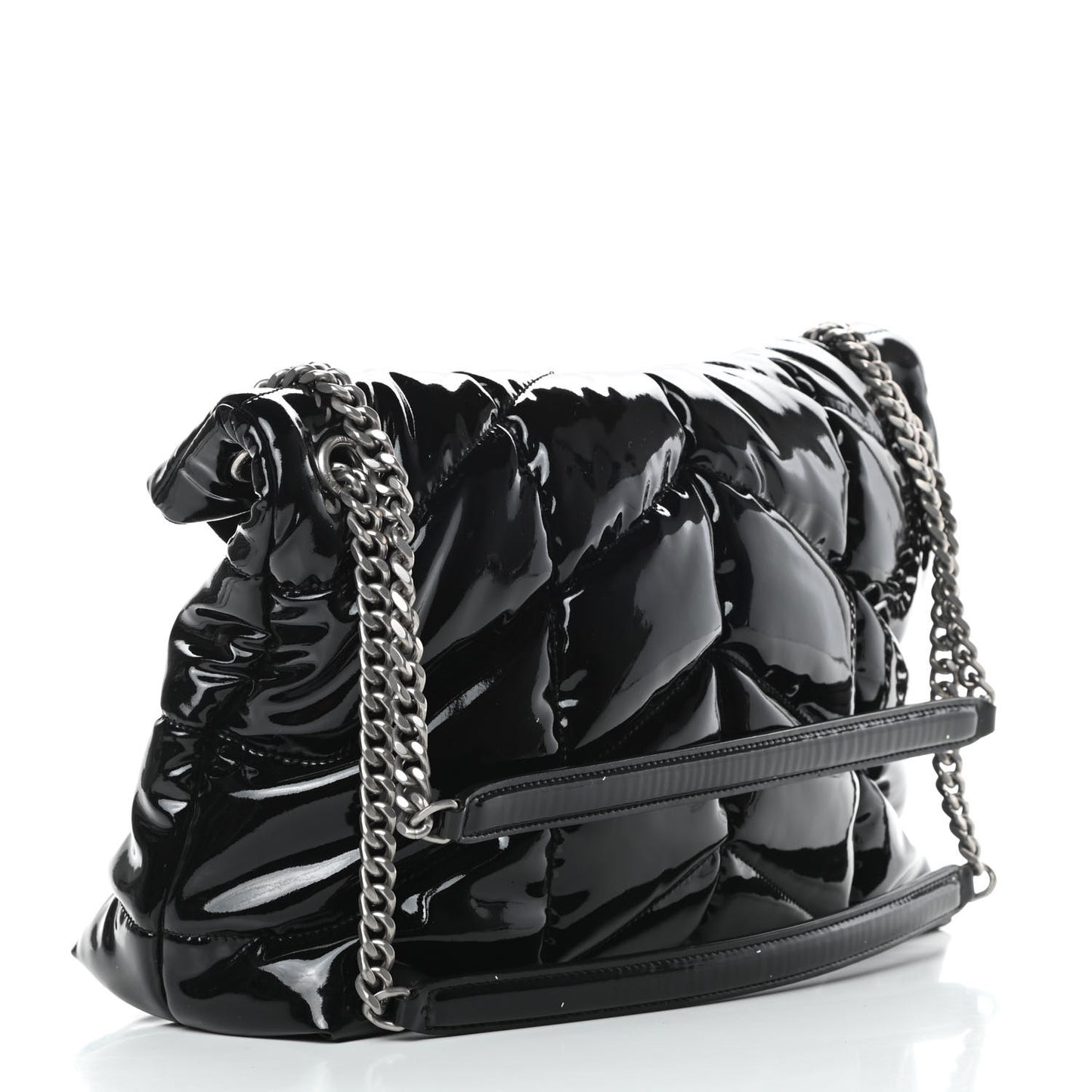 Patent Lambskin Quilted Medium Loulou Puffer Monogram Chain Satchel Black