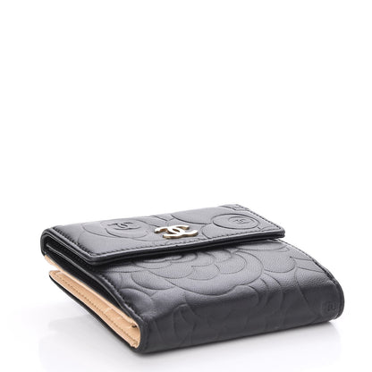 Chanel Lambskin Camellia Embossed Small Double Wallet Black 4 of 10