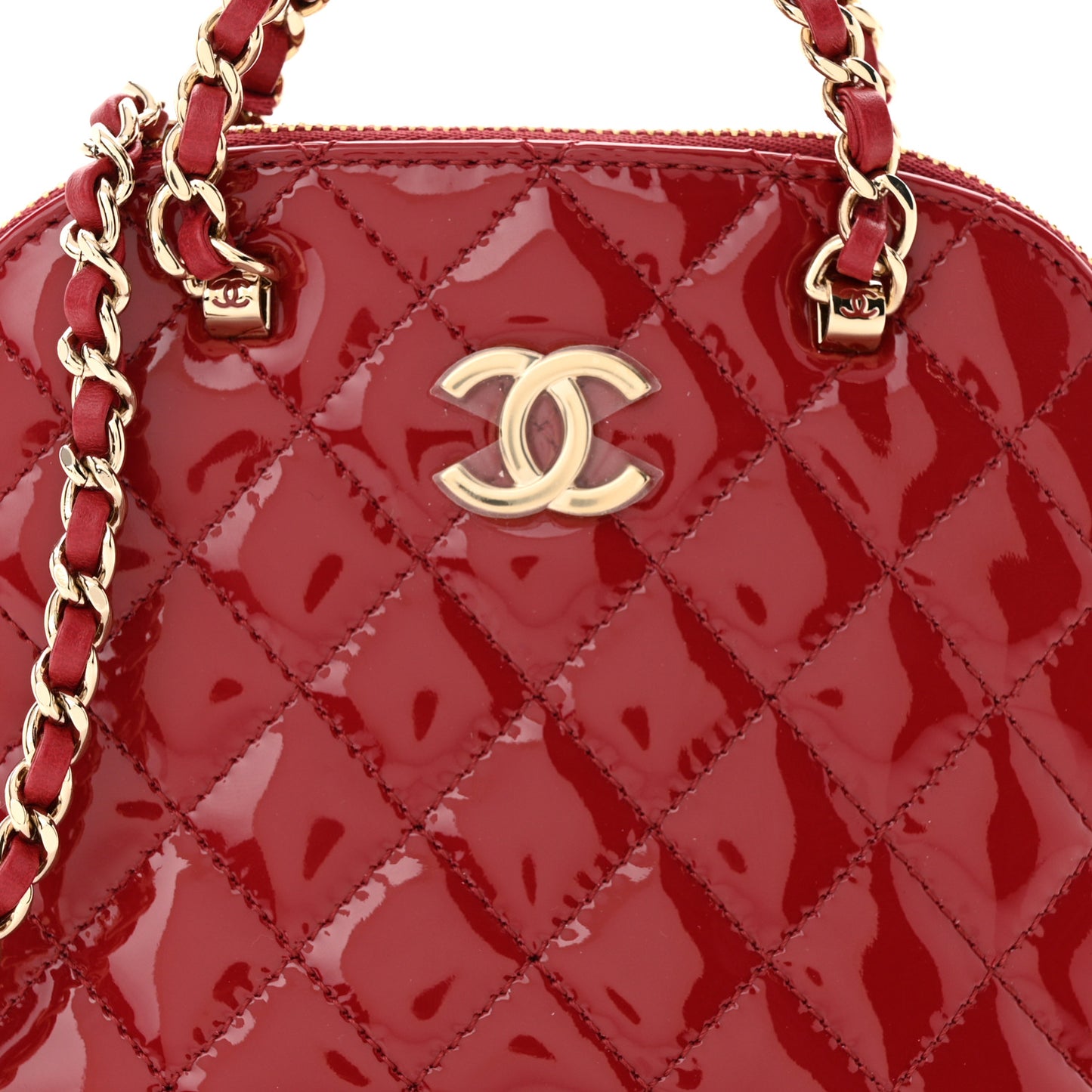 Patent Calfskin Quilted Shiny Coco Clutch With Chain Red