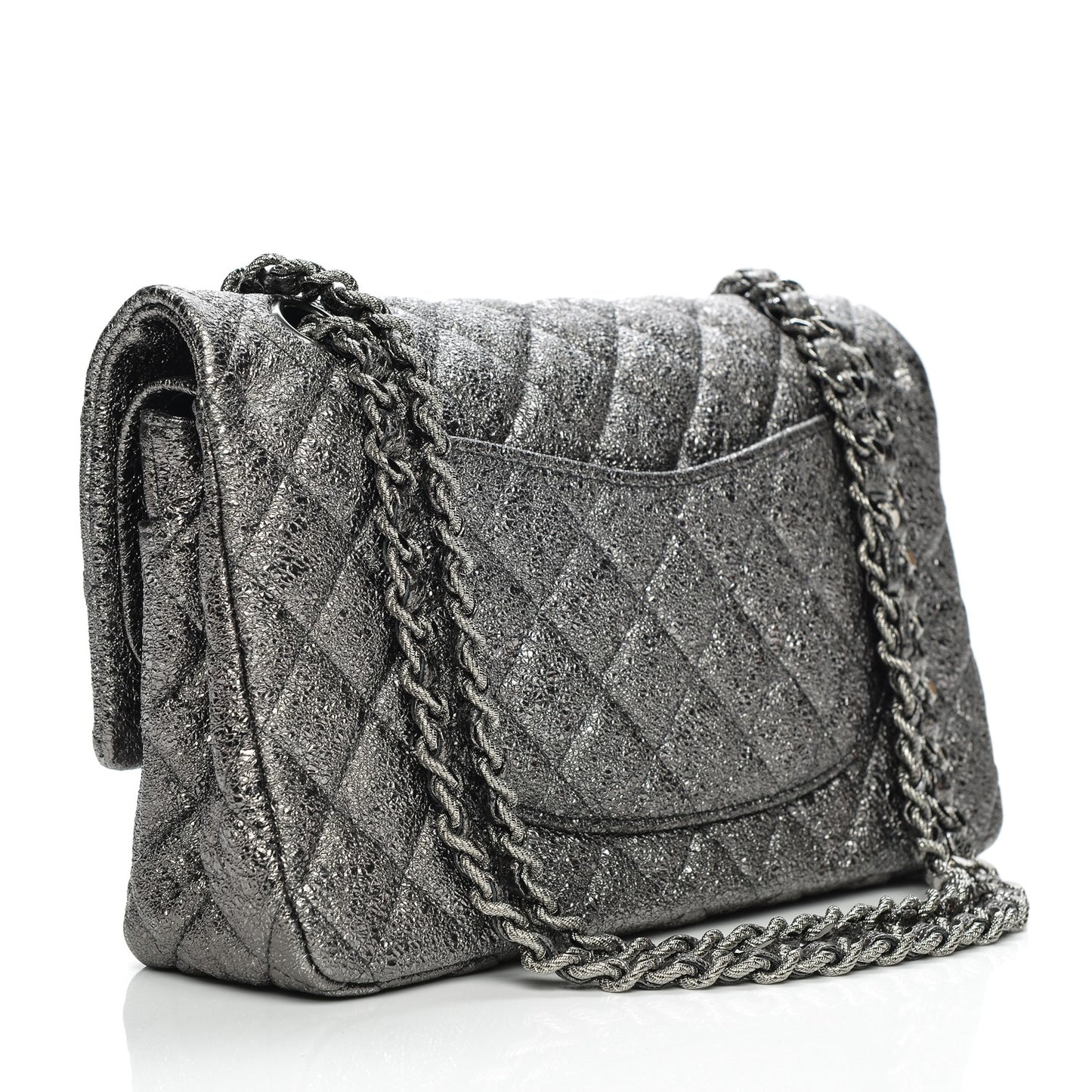 Metallic Crackled Calfskin Medium Double Flap Argent Fonce