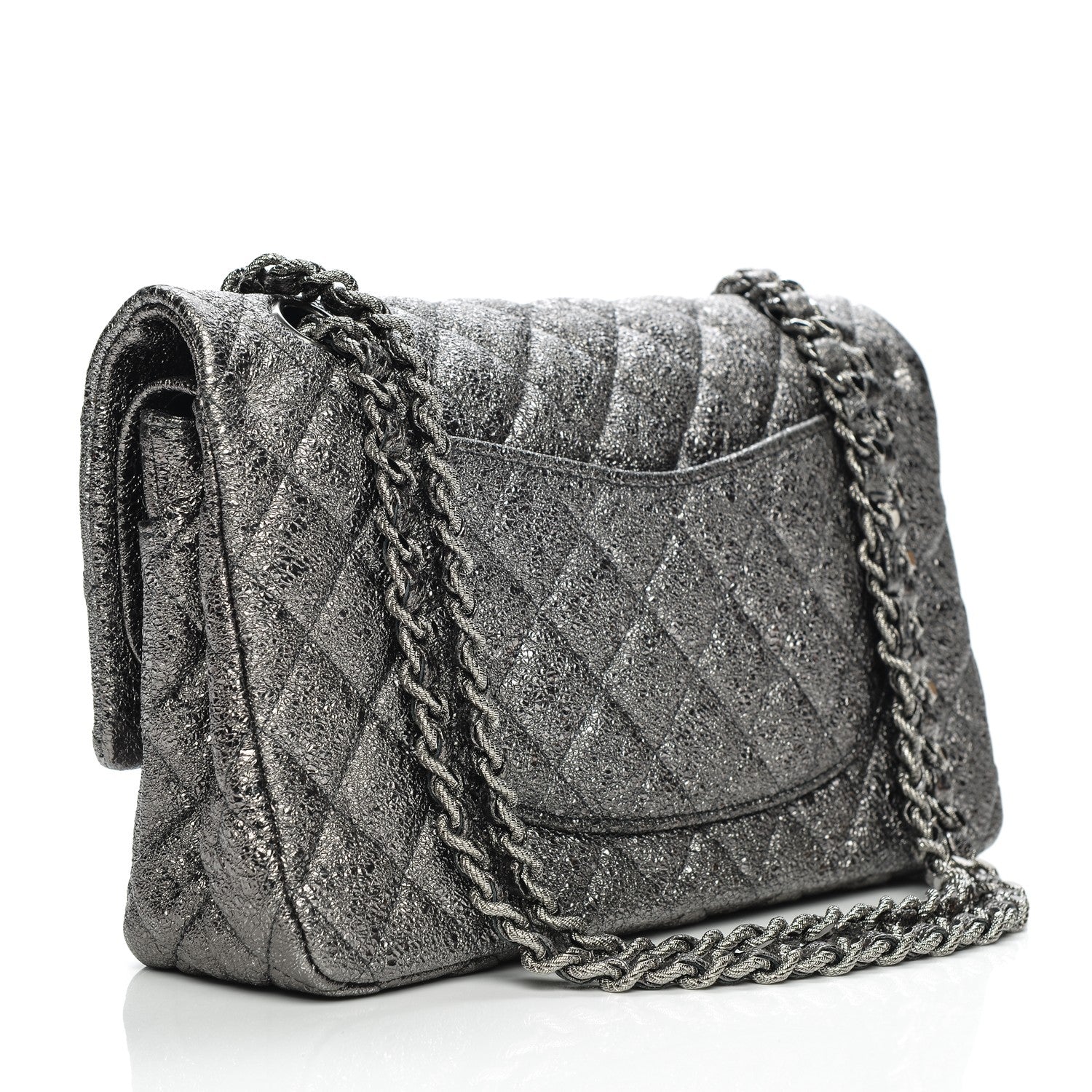 Chanel Metallic Crackled Calfskin Medium Double Flap Argent Fonce 3 of 8