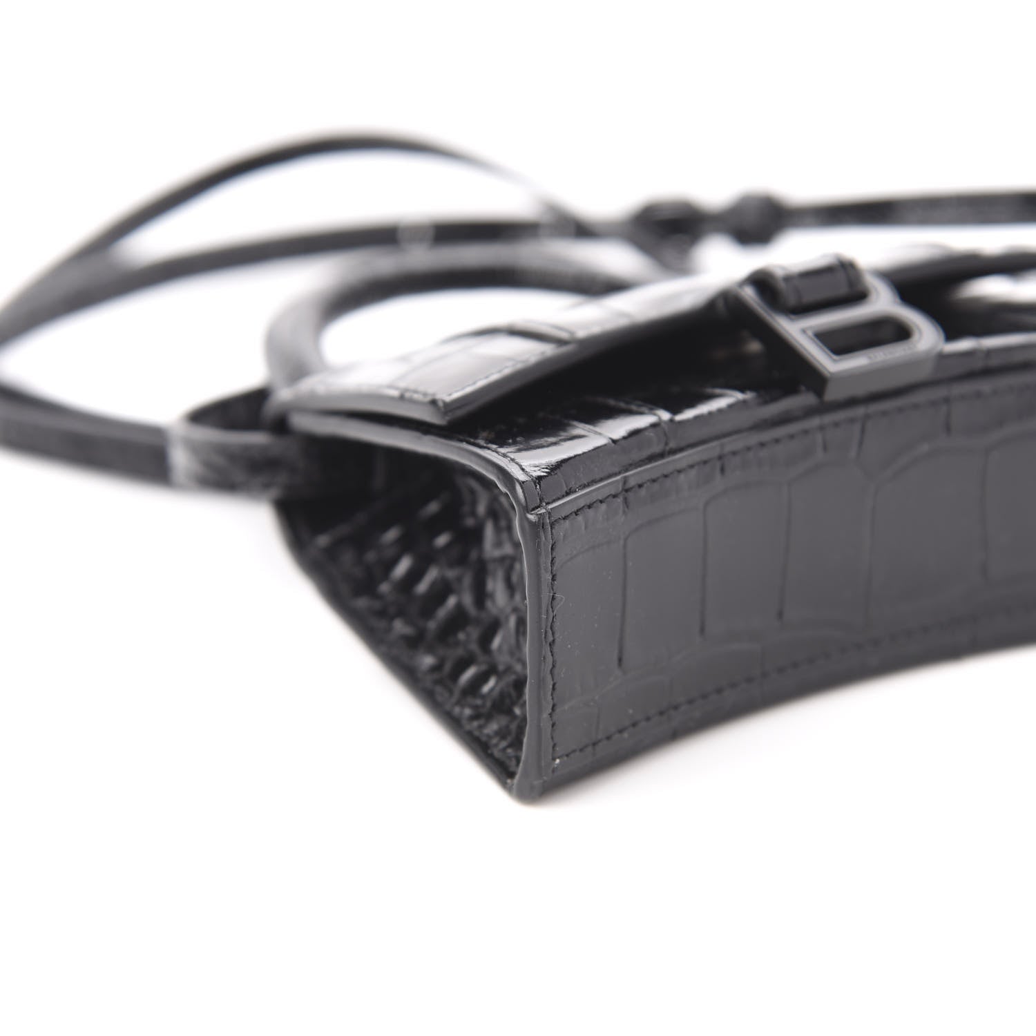 Balenciaga Shiny Calfskin Monochrome Crocodile Embossed Hourglass Top Handle Bag Mini Black 6 of 9