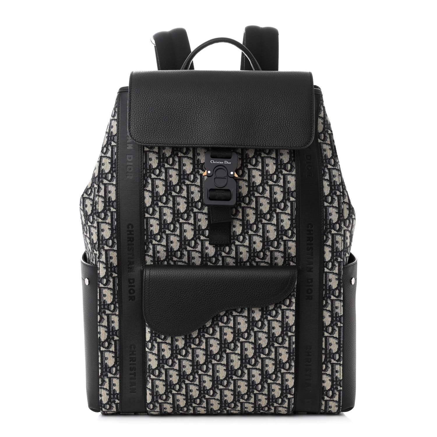 Christian Dior Oblique Jacquard Grained Calfskin Saddle Backpack With Flap Beige Black 1 of 10