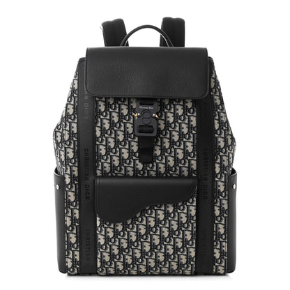 Christian Dior Oblique Jacquard Grained Calfskin Saddle Backpack With Flap Beige Black 1 of 10