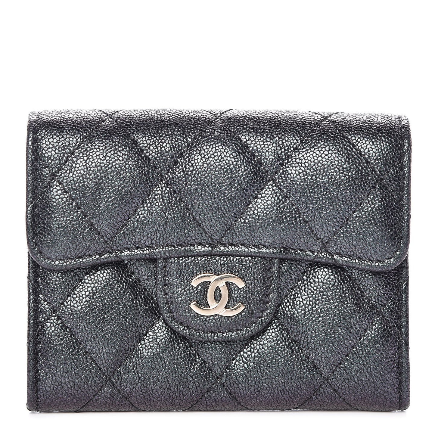 Iridescent Caviar Quilted Flap Card Holder Wallet Black