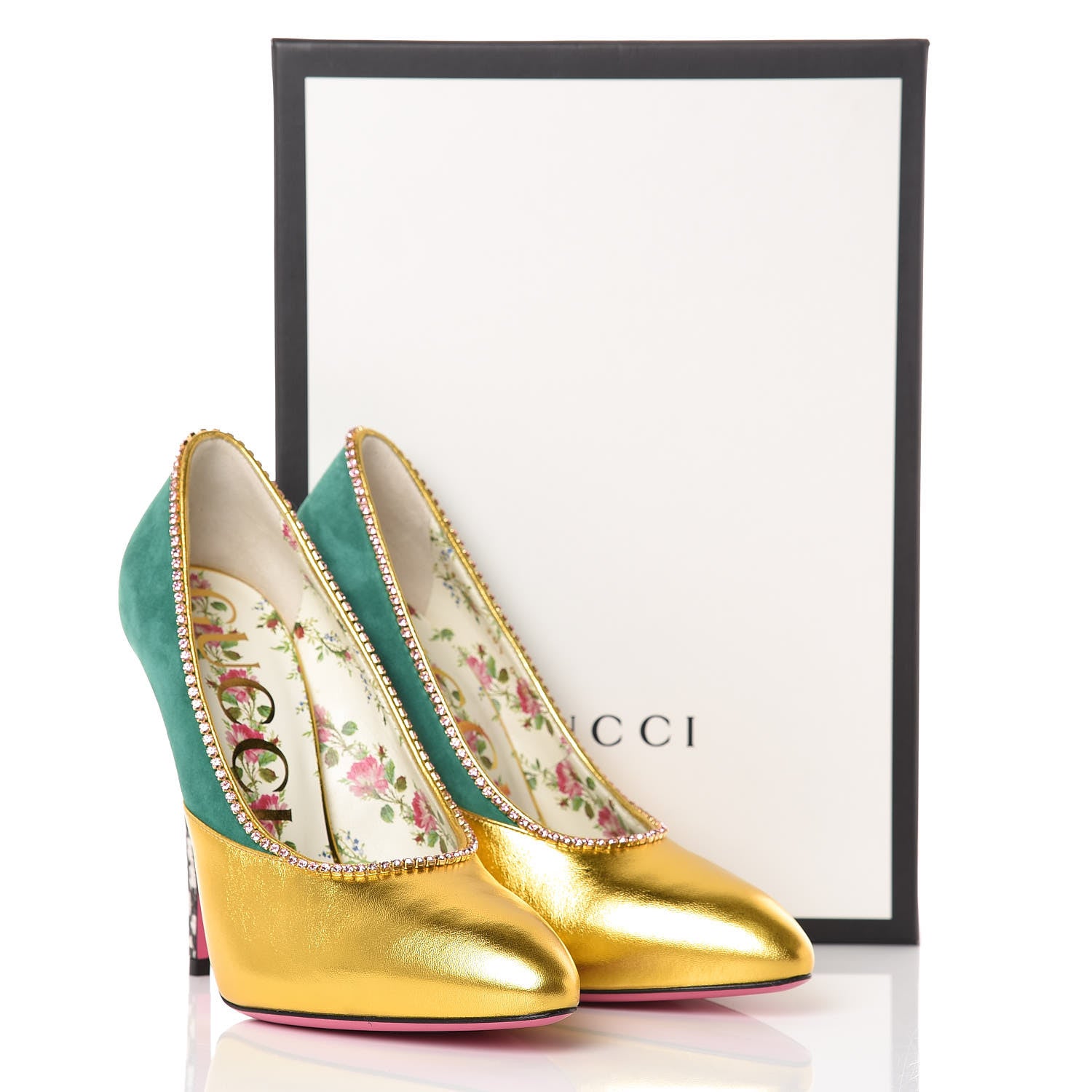 Gucci Metallic Nappa Kid Scamosciato Elaphe Snakeskin Peachy Pumps 38.5 Oro Emerald Roccia 9 of 9