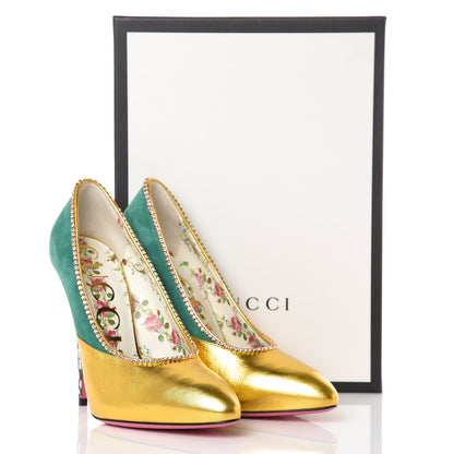 Gucci Metallic Nappa Kid Scamosciato Elaphe Snakeskin Peachy Pumps 38.5 Oro Emerald Roccia 9 of 9