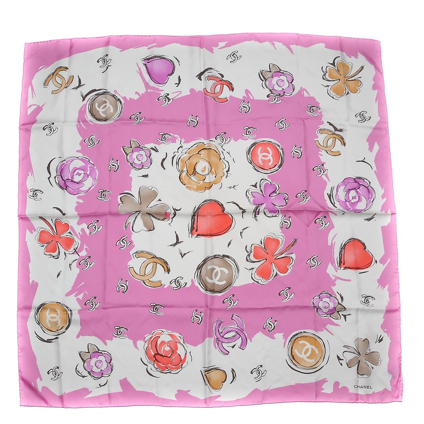 Silk CC Camellia Clover Heart Scarf Pink