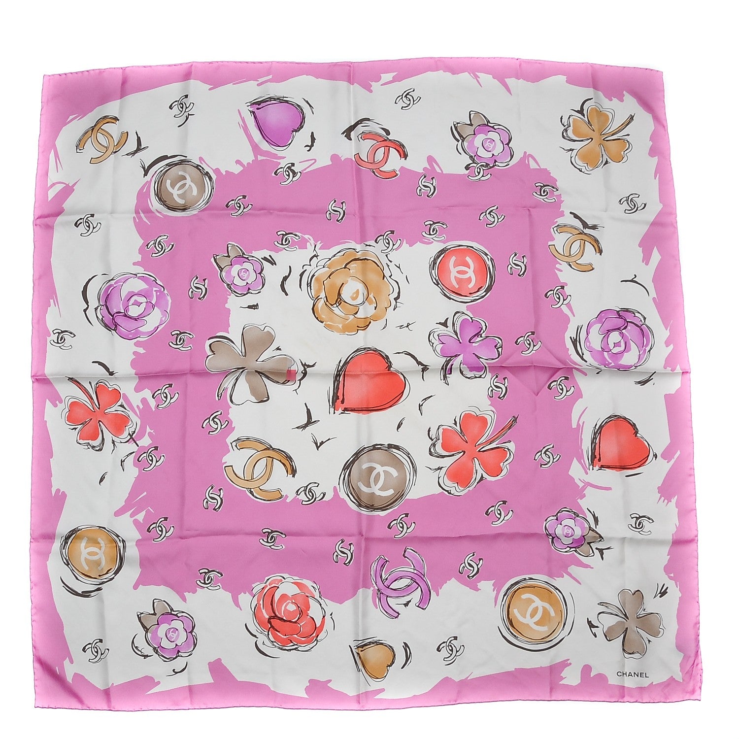 Chanel Silk CC Camellia Clover Heart Scarf Pink 1 of 8