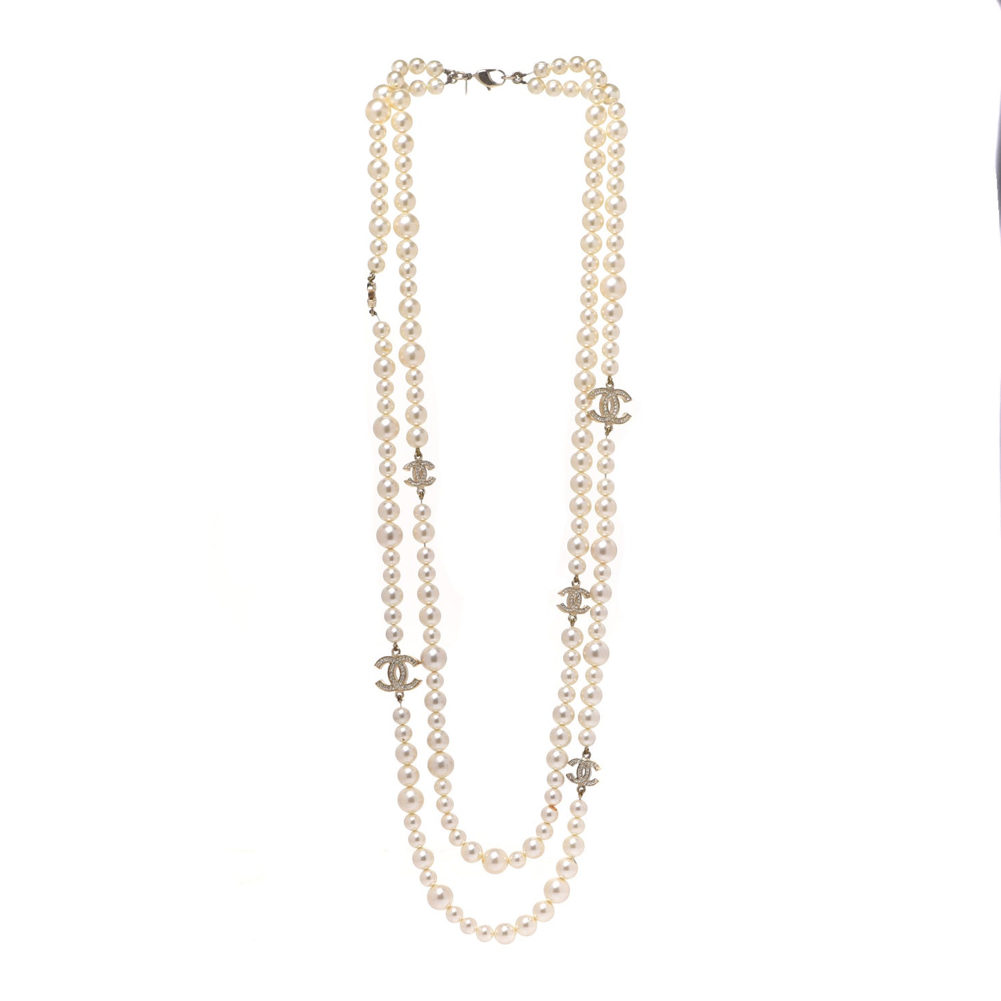 Graduated Pearl Crystal CC Long Necklace Gold