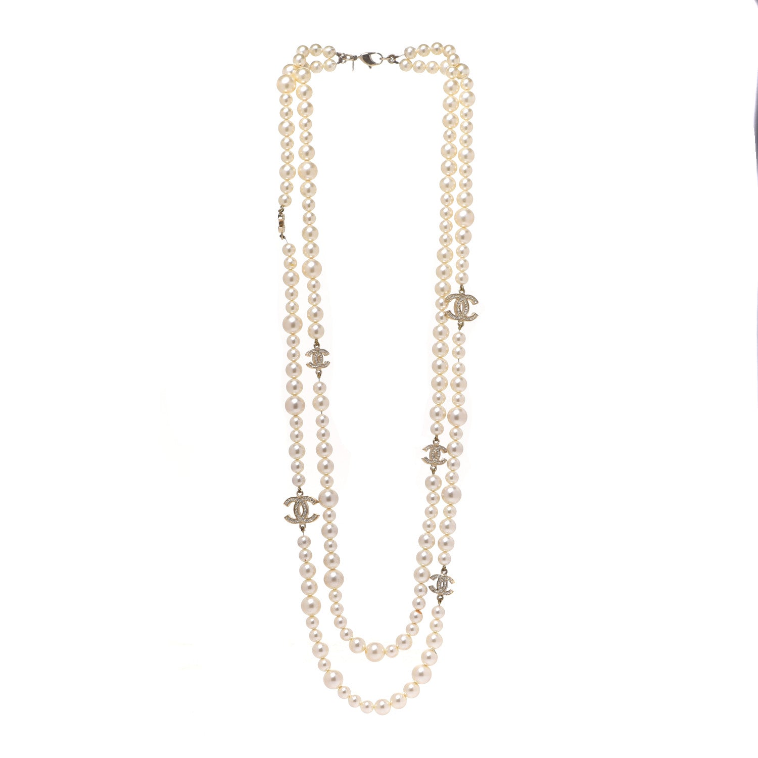 Chanel Graduated Pearl Crystal CC Long Necklace Gold 3 of 5