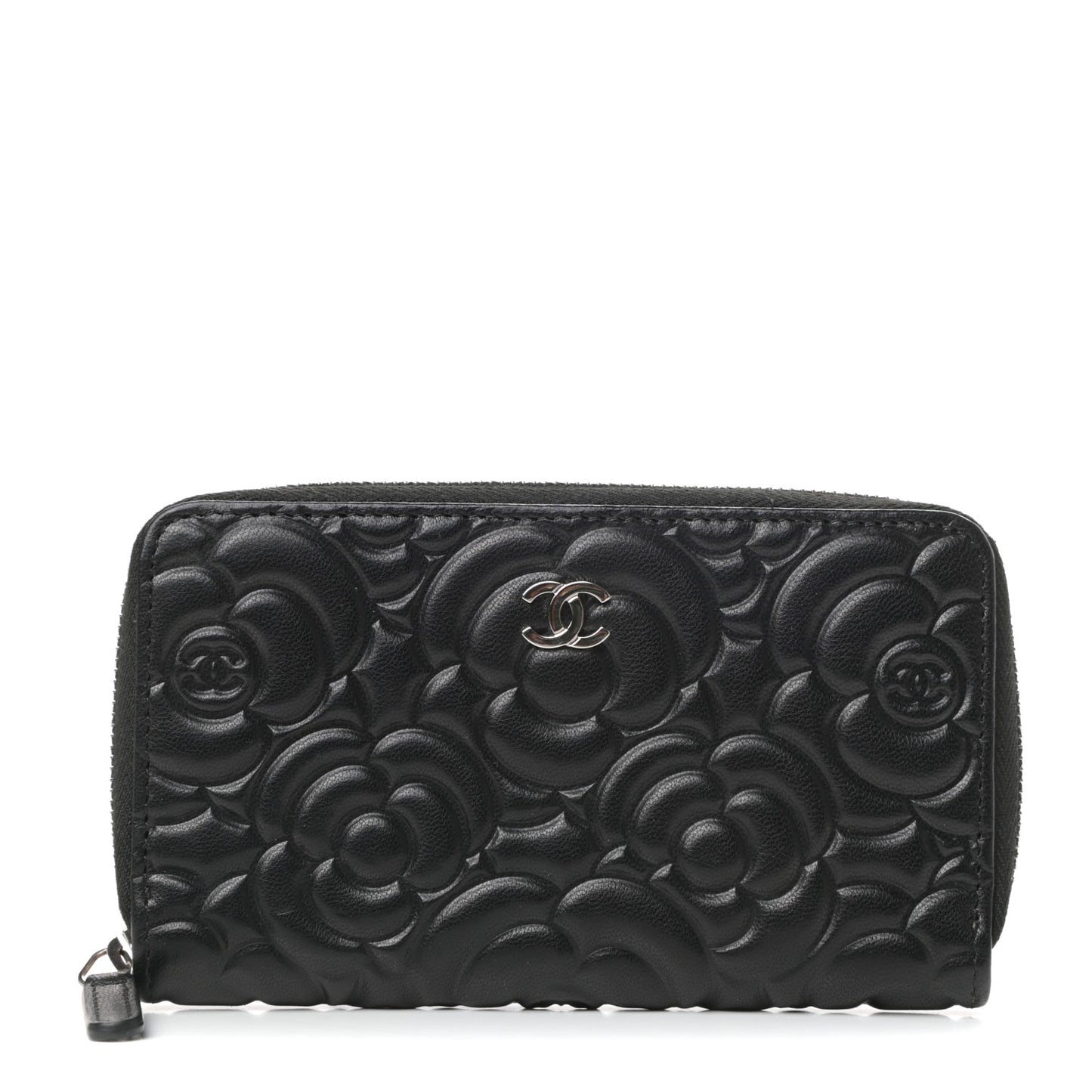 Goatskin Camellia Embossed Medium Zip Around Wallet Black