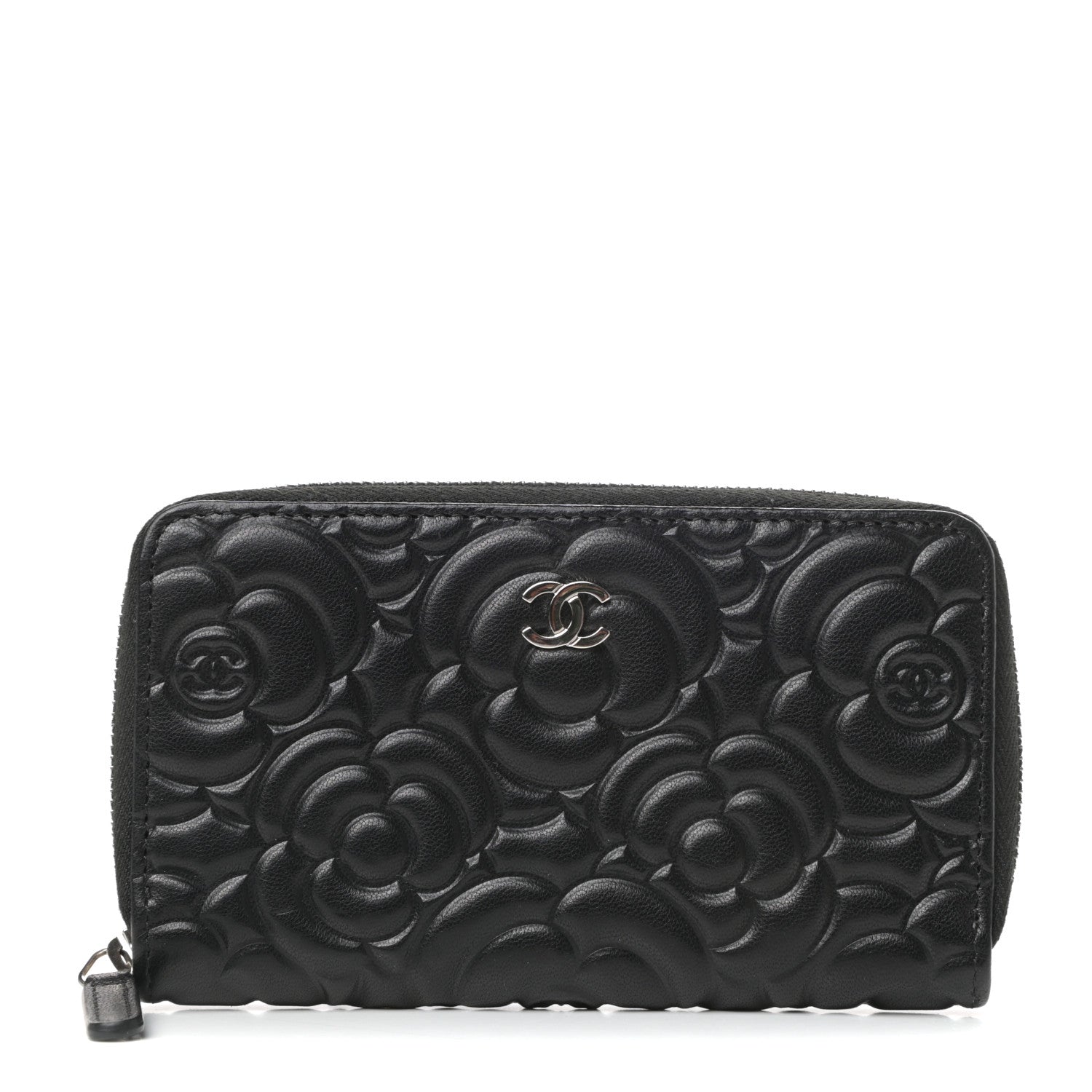 Chanel Goatskin Camellia Embossed Medium Zip Around Wallet Black 1 of 8