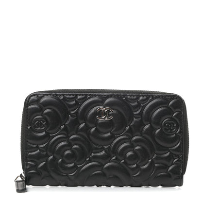 Chanel Goatskin Camellia Embossed Medium Zip Around Wallet Black 1 of 8