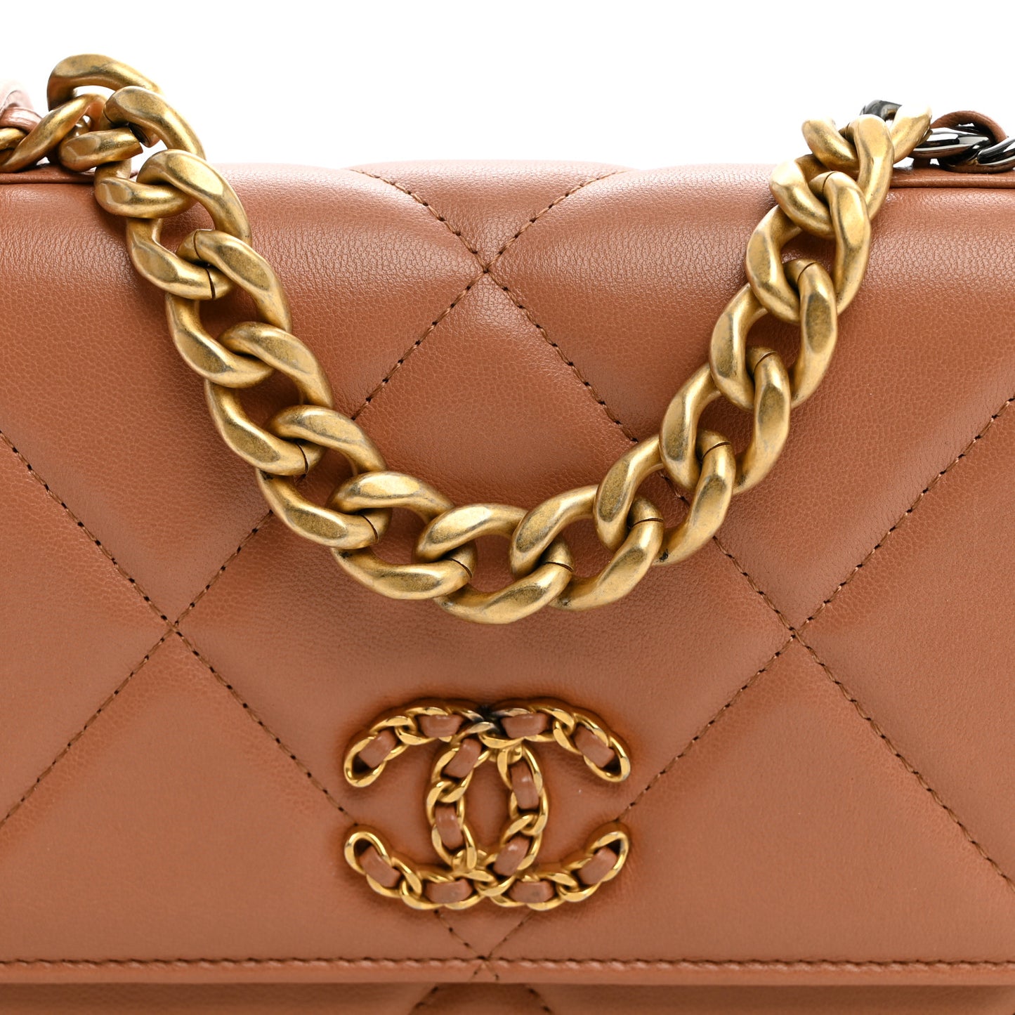 Lambskin Quilted Chanel 19 Wallet On Chain WOC Brown