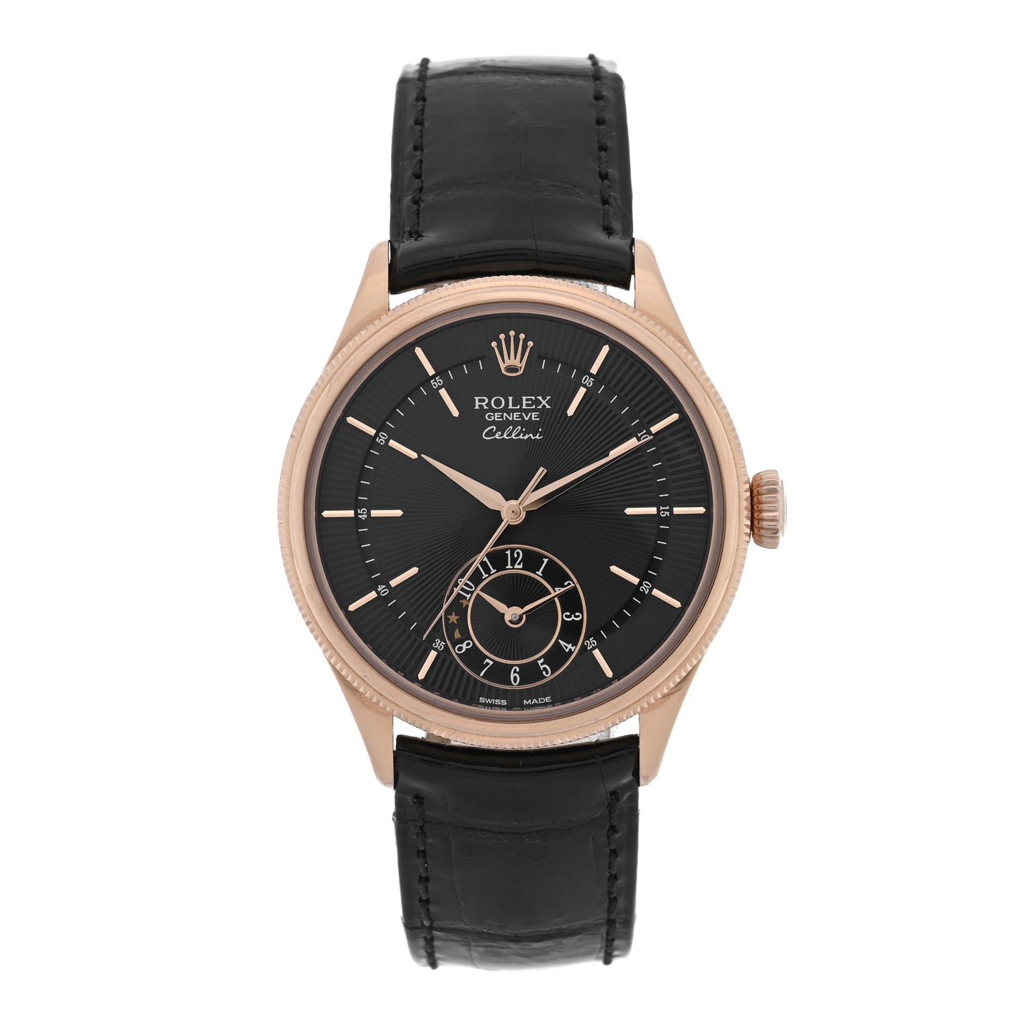 18K Everose Gold Alligator 39mm Cellini Dual Time Watch Black 50525
