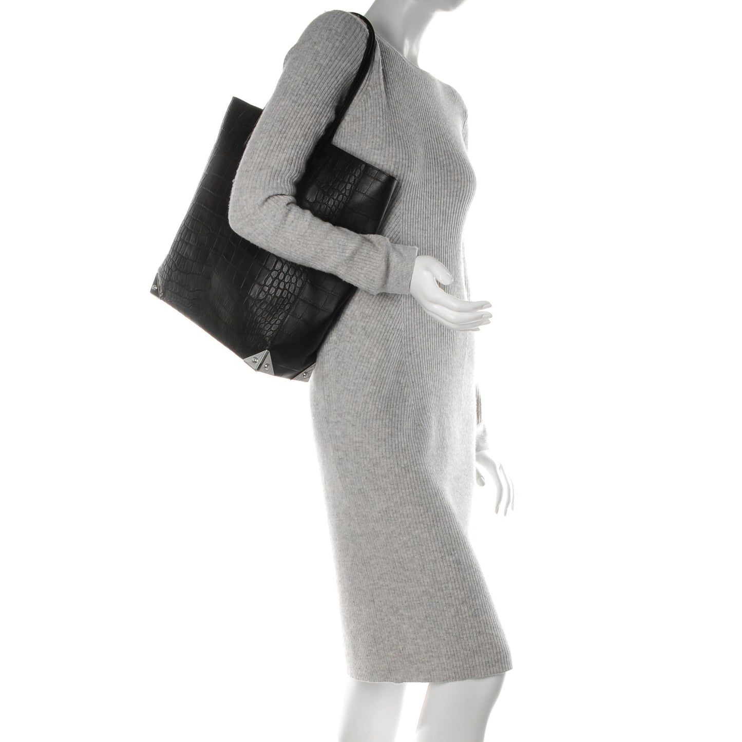 Calfskin Crocodile Embossed Prisma Skeletal Tote Black Silver Hardware