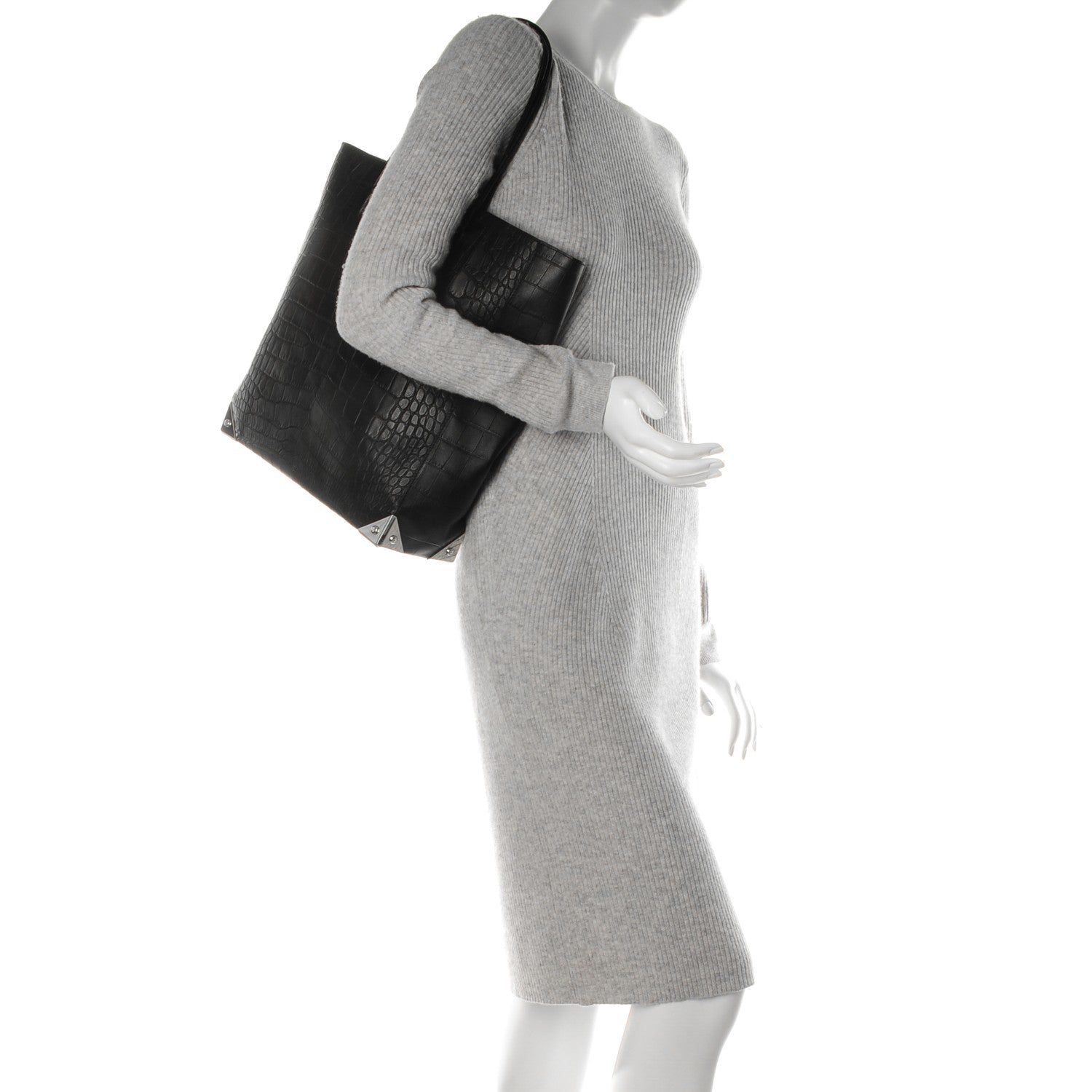 Alexander Wang Calfskin Crocodile Embossed Prisma Skeletal Tote Black Silver Hardware 2 of 6