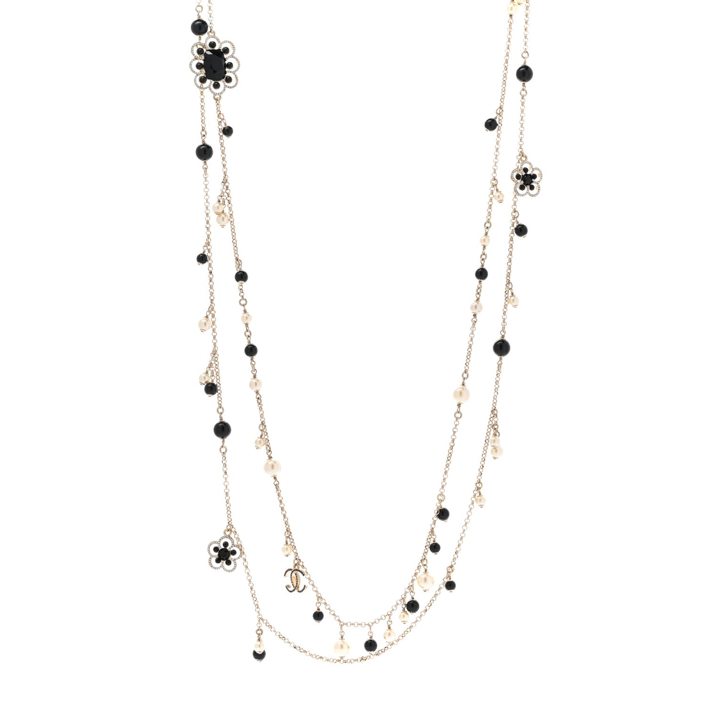 Pearl Crystal Flower CC Necklace Gold Black