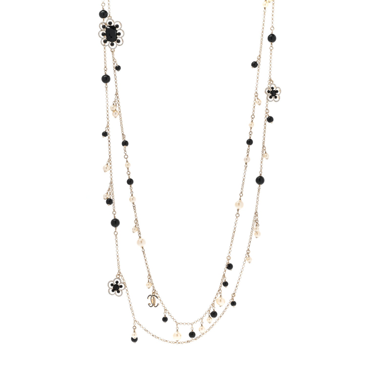 Chanel Pearl Crystal Flower CC Necklace Gold Black 1 of 7