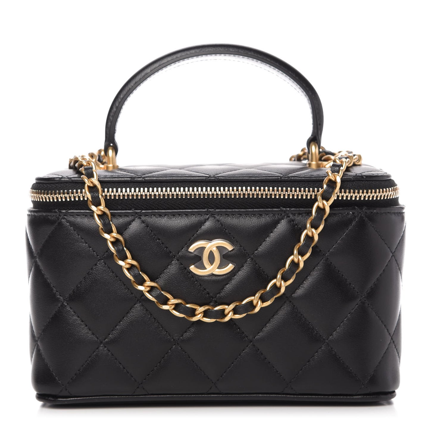 Lambskin Quilted Small Top Handle Vanity Case With Chain Black