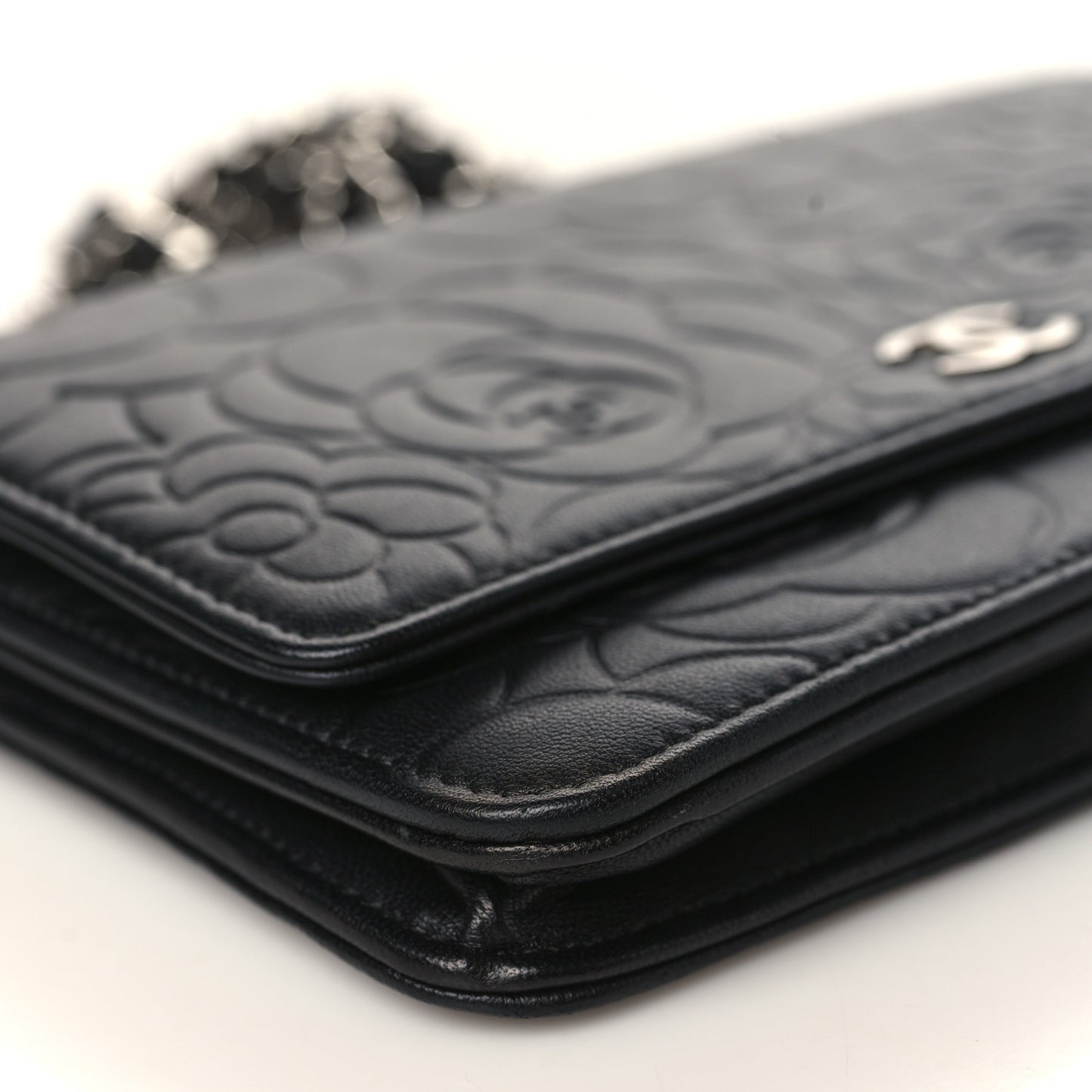 Lambskin Camellia Embossed Wallet on Chain WOC Black
