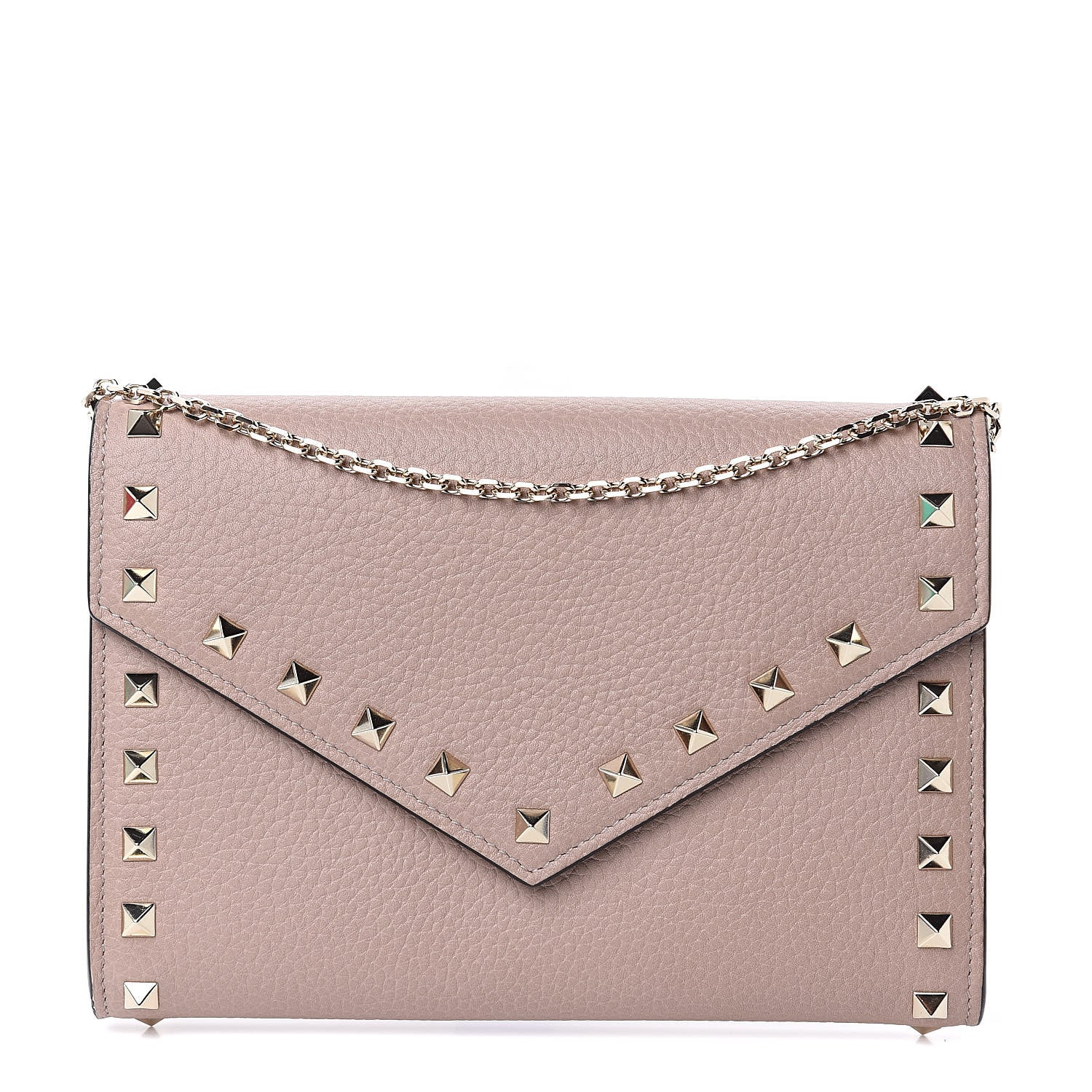 Valentino Garavani Pebbled Calfskin Rockstud Envelope Wallet on Chain Poudre 1 of 11