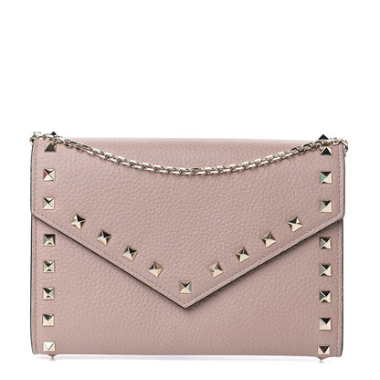 Valentino Garavani Pebbled Calfskin Rockstud Envelope Wallet on Chain Poudre 1 of 11
