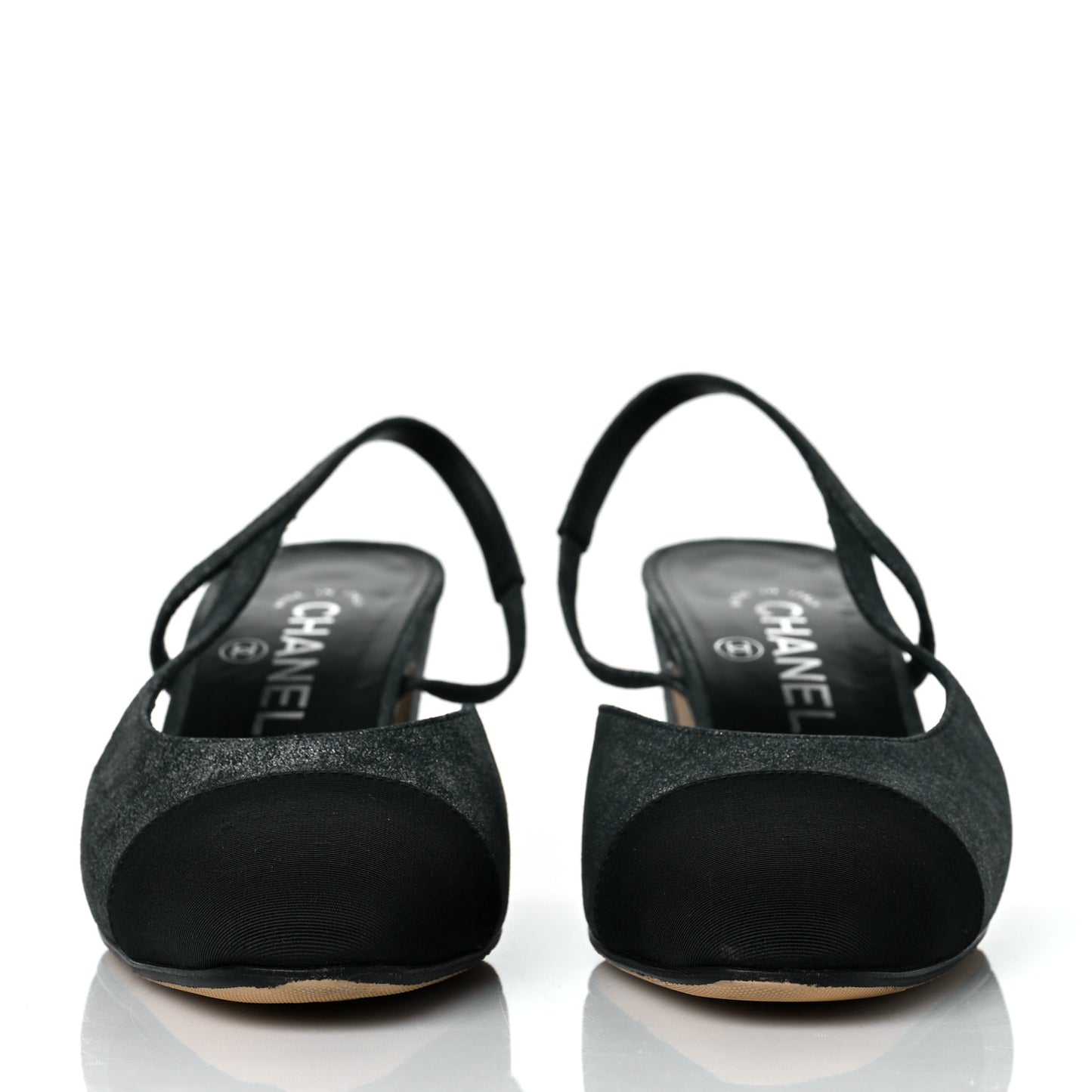 Lambskin Grosgrain Cap Toe CC Slingback Sandals 37 Black Silver