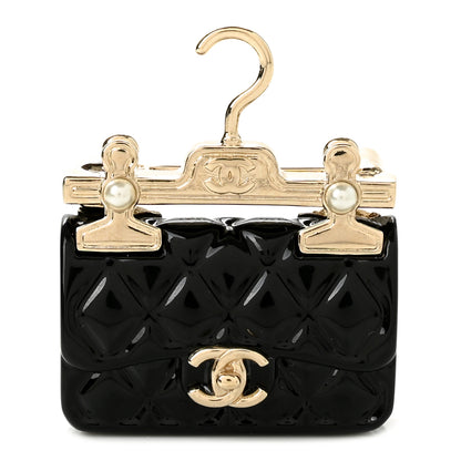Chanel Metal Enamel Quilted Flap Hanger Brooch Gold Black 1 of 5