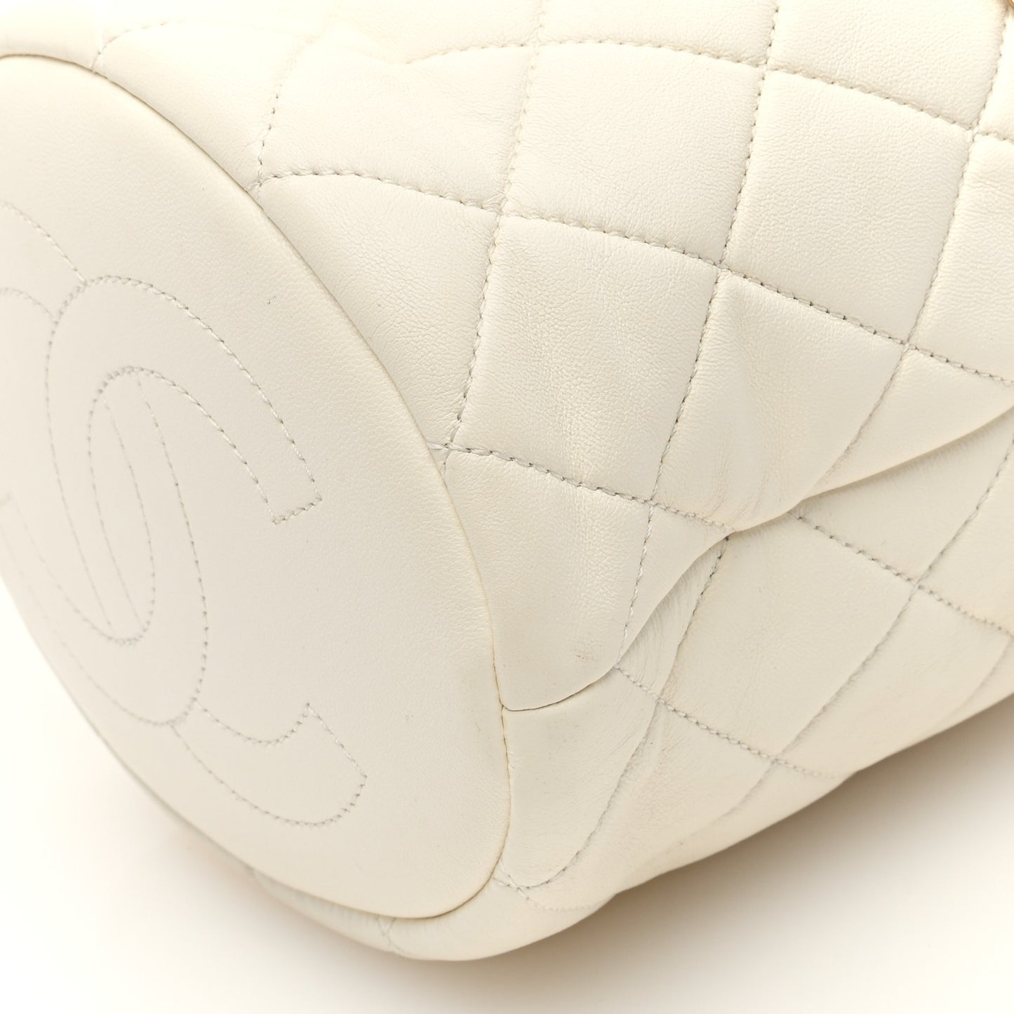 Lambskin Quilted Pearl Crown Drawstring Bag White