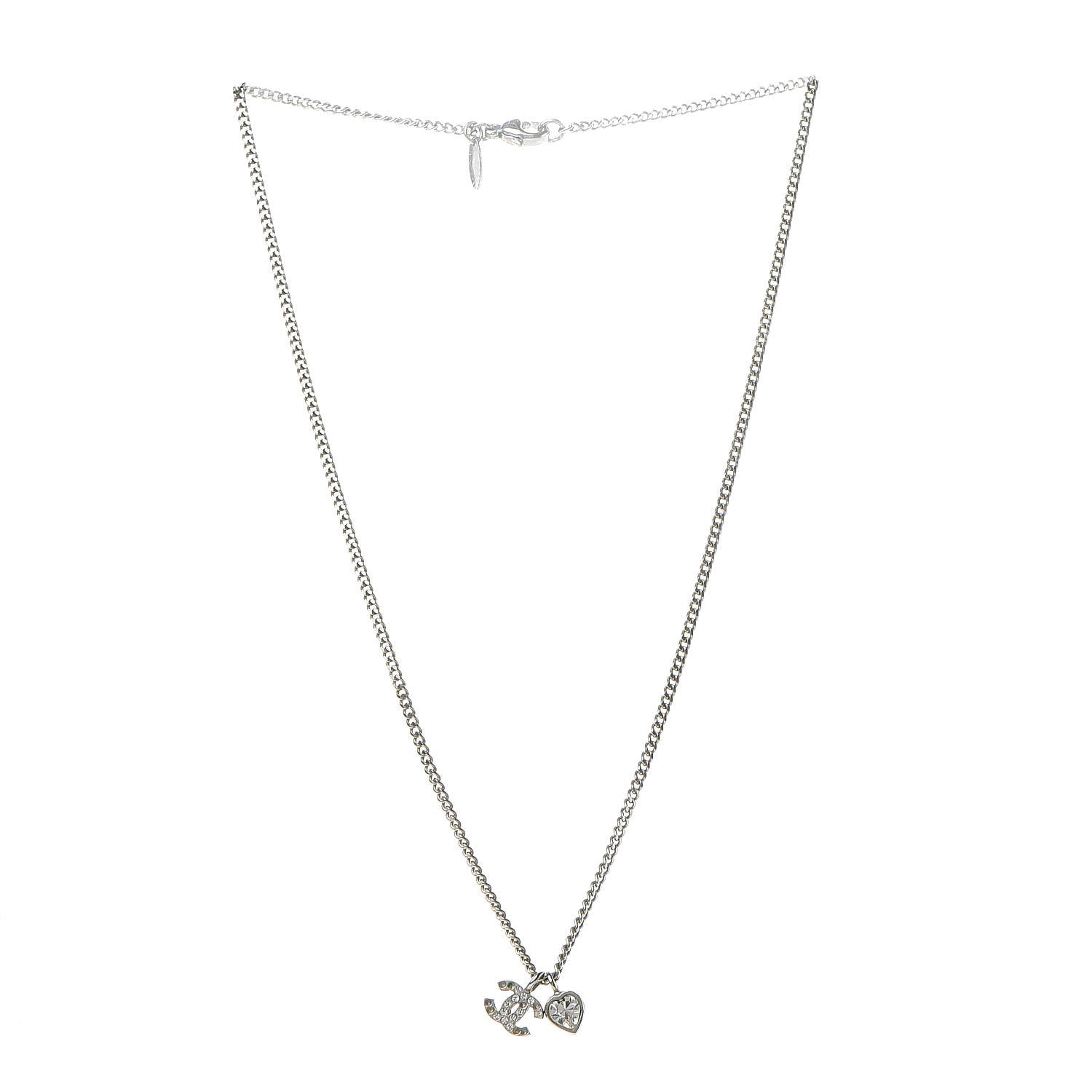 Chanel Crystal Mini Heart CC Necklace Silver 3 of 5