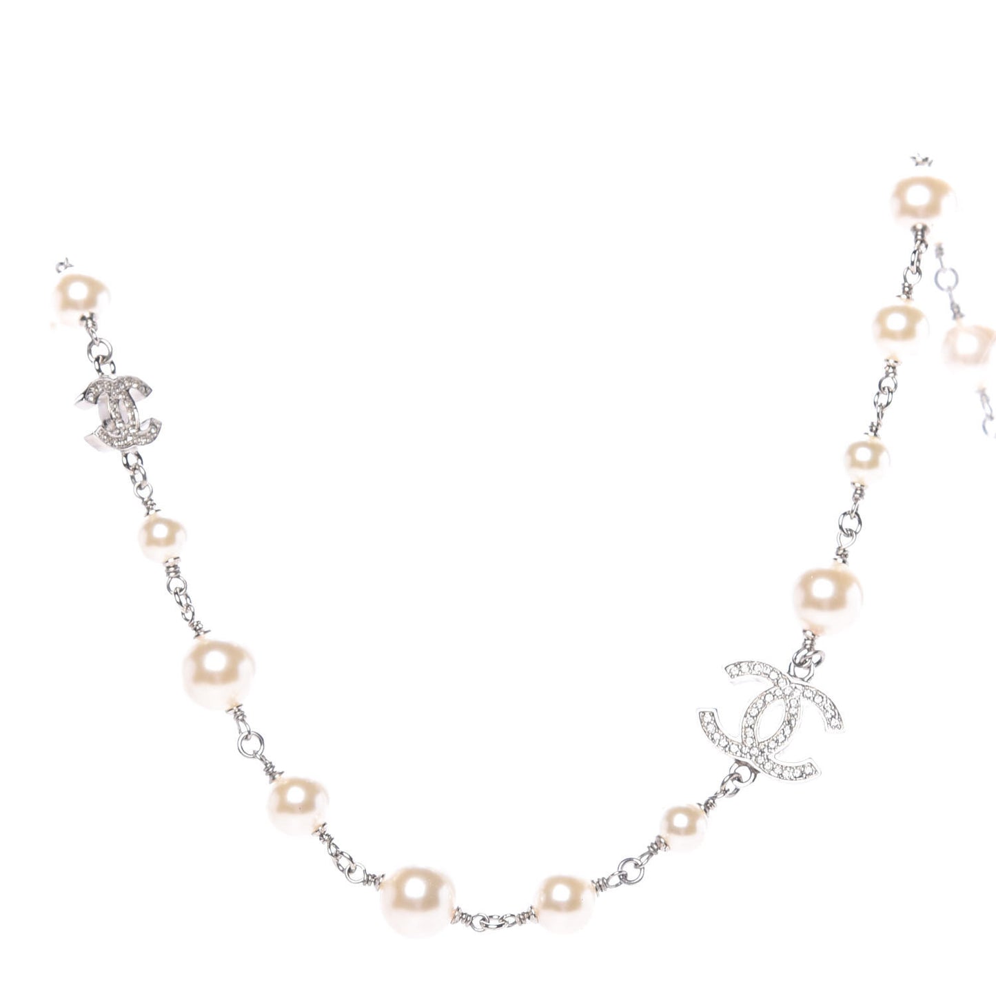 Crystal Pearl CC Long Necklace Silver